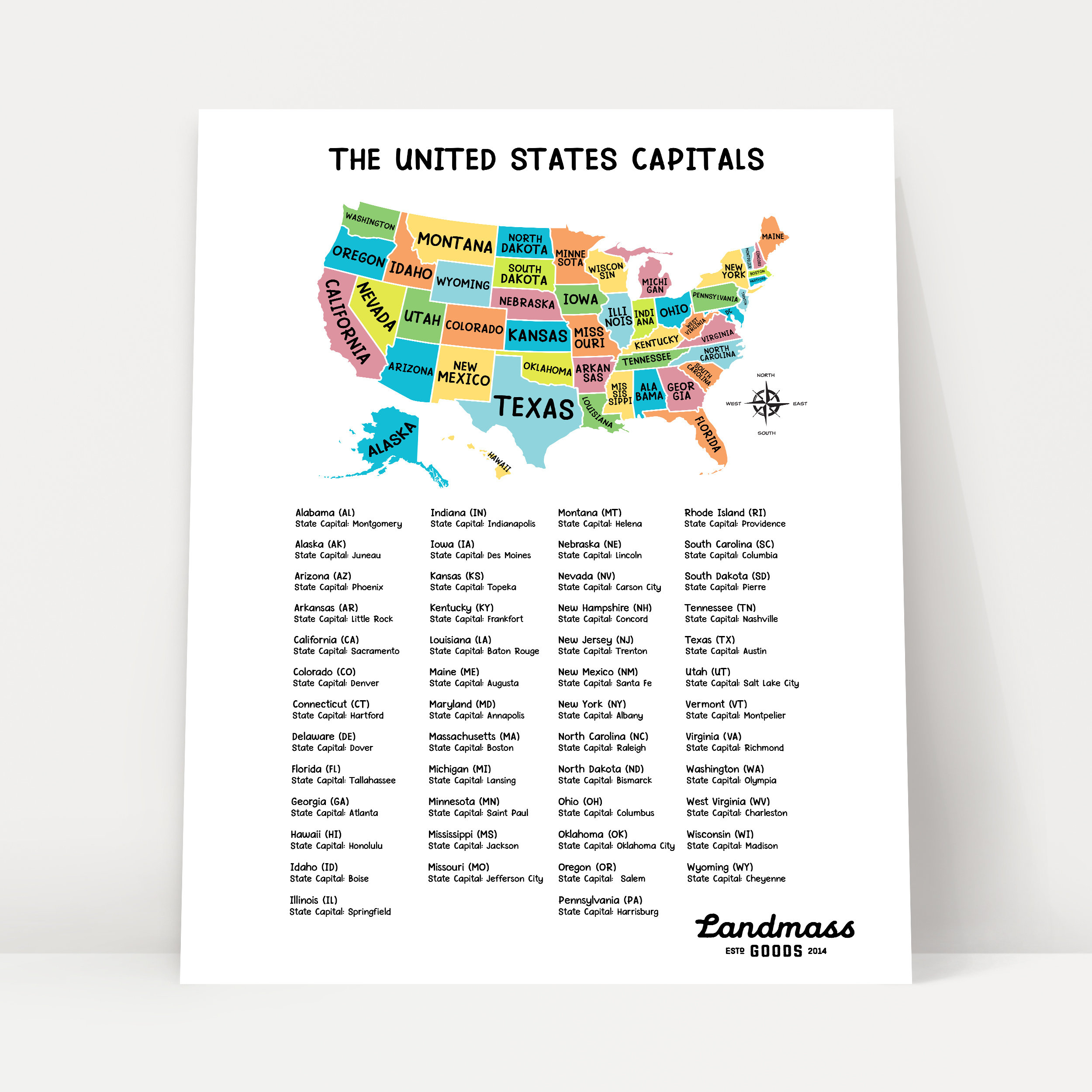 18X24” United States Map With Capitals For Kids - Educational with regard to Map With States And Capitals Printable