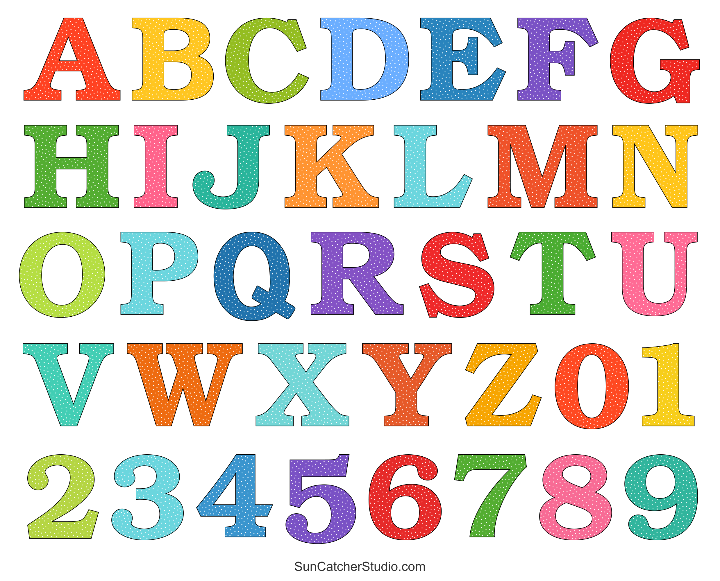 Alphabet Letters And Numbers With A Colorful Polka Dot Design in Large Printable Letters Of The Alphabet