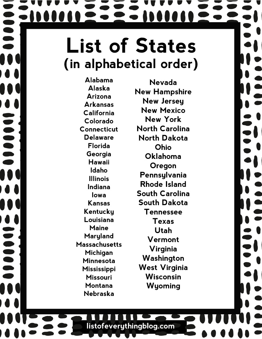 Alphabetical List Of The States pertaining to List of 50 Us States Printable