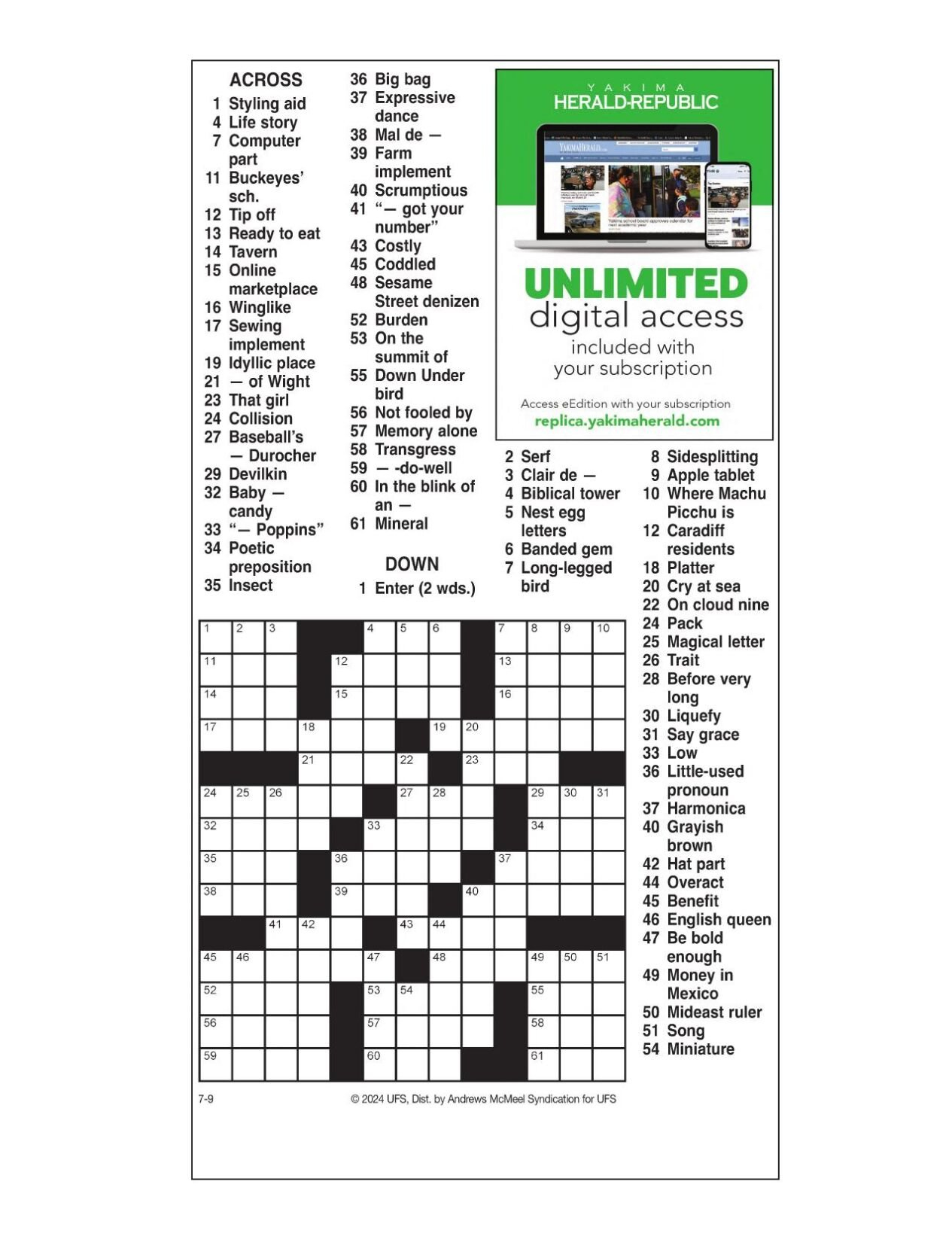 Am Crossword: July 9, 2024 | Crosswords | Yakimaherald with Daily Commuter Crossword Puzzle Printable
