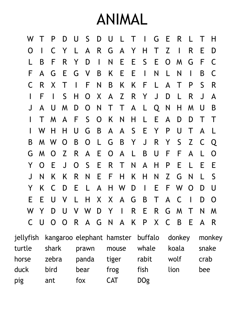 Animals Hard Word Search - Wordmint in Hard Word Search Printable Free