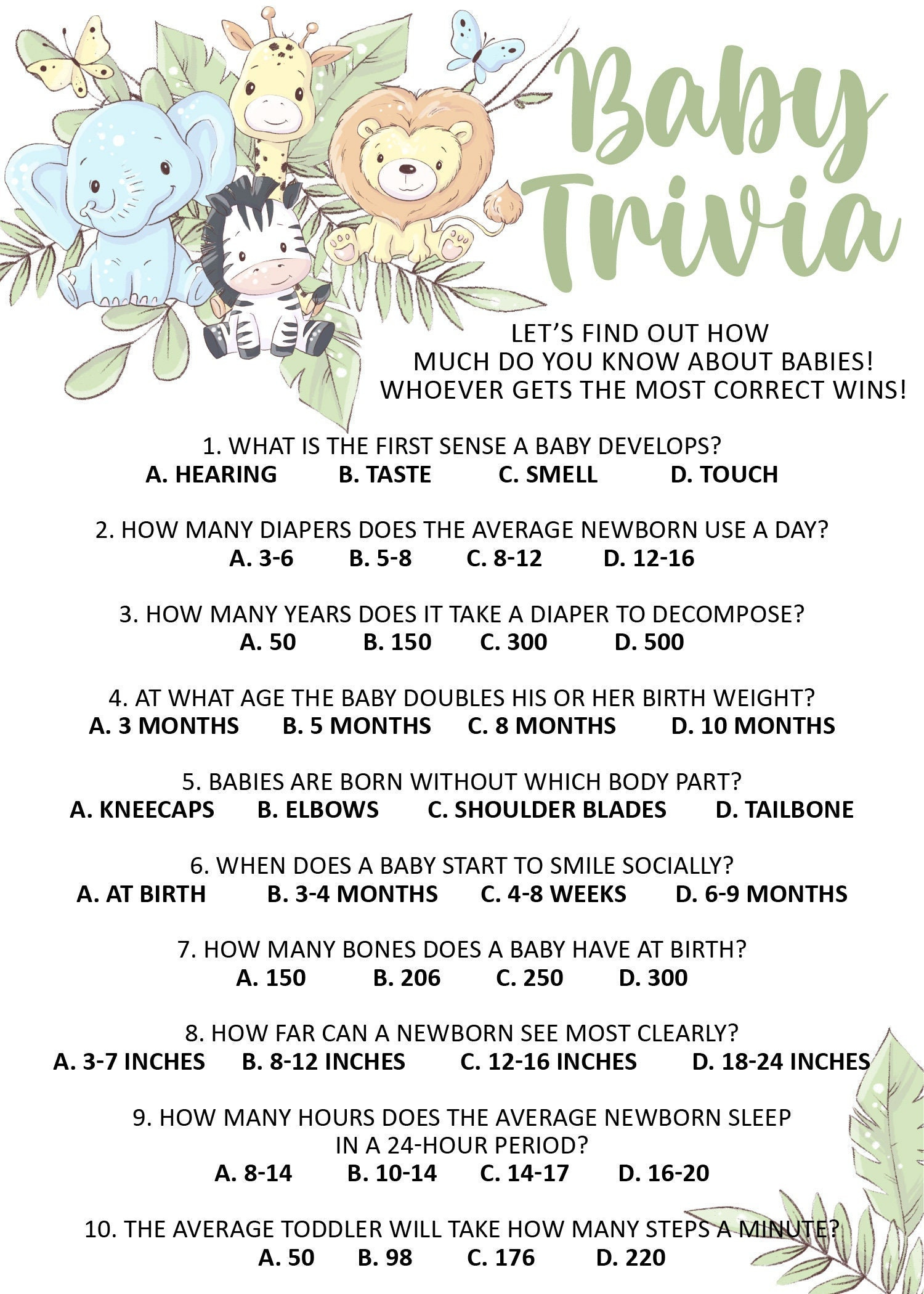 Baby Shower Trivia Game Printable, Jungle Inspired Safari Theme pertaining to Baby Shower Trivia Game Printable