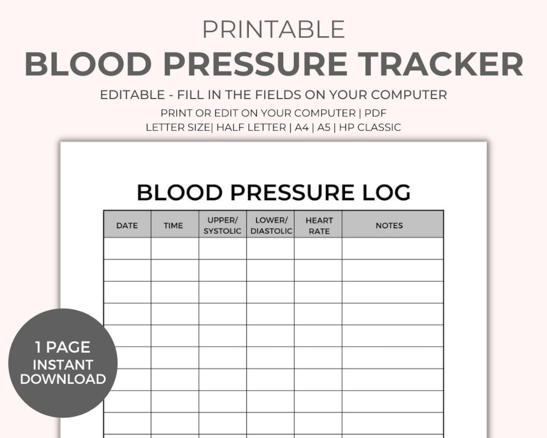Blood Pressure Chart Printable - Instant Download, Medical Tracker pertaining to Blood Pressure Monitoring Chart Printable