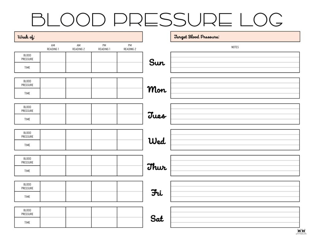Blood Pressure Logs - 25 Free Printables | Printabulls in Free Printable Blood Pressure Chart