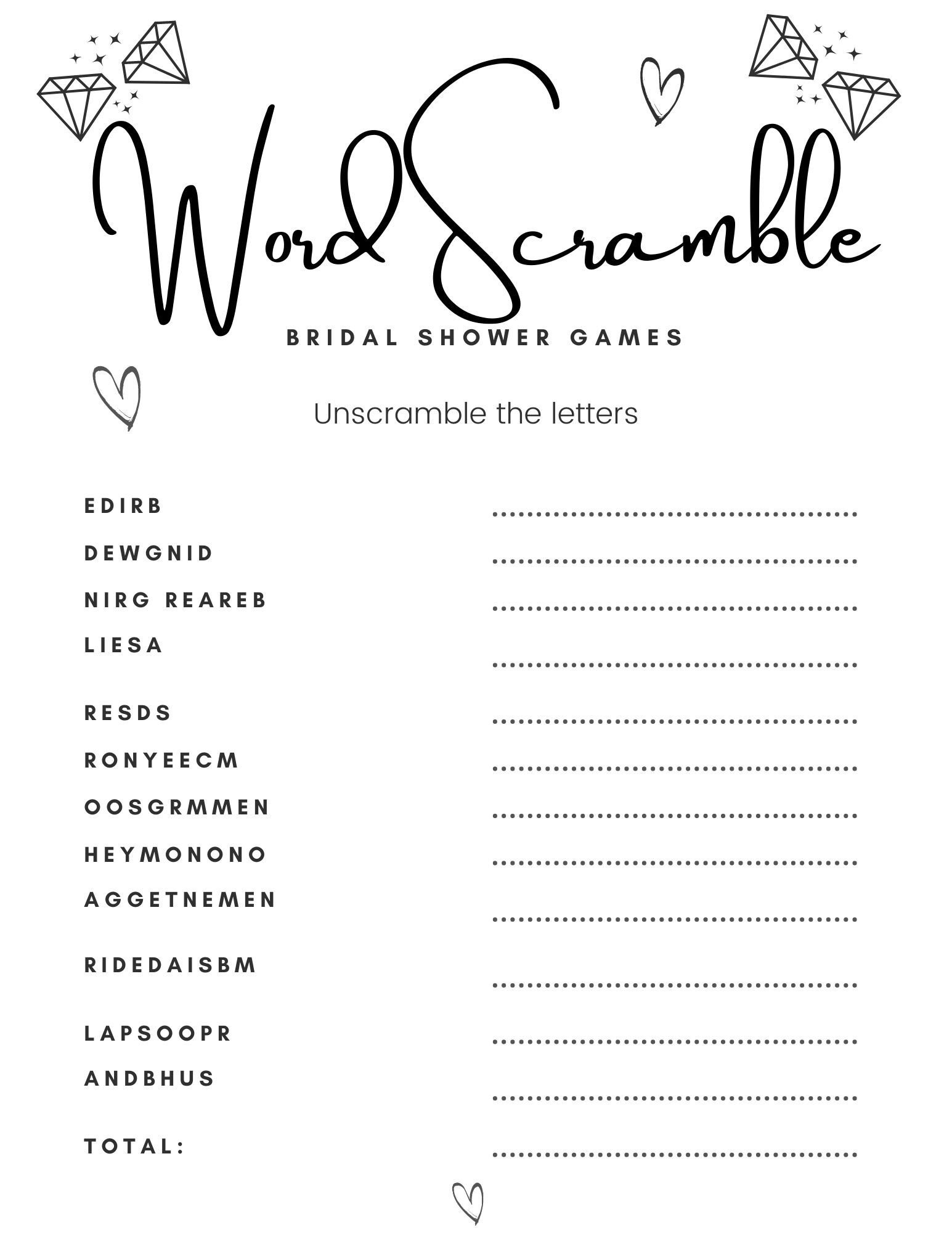 Bridal Shower Games Printable, Wedding Word Scramble Printable in Free Printable Bridal Shower Games