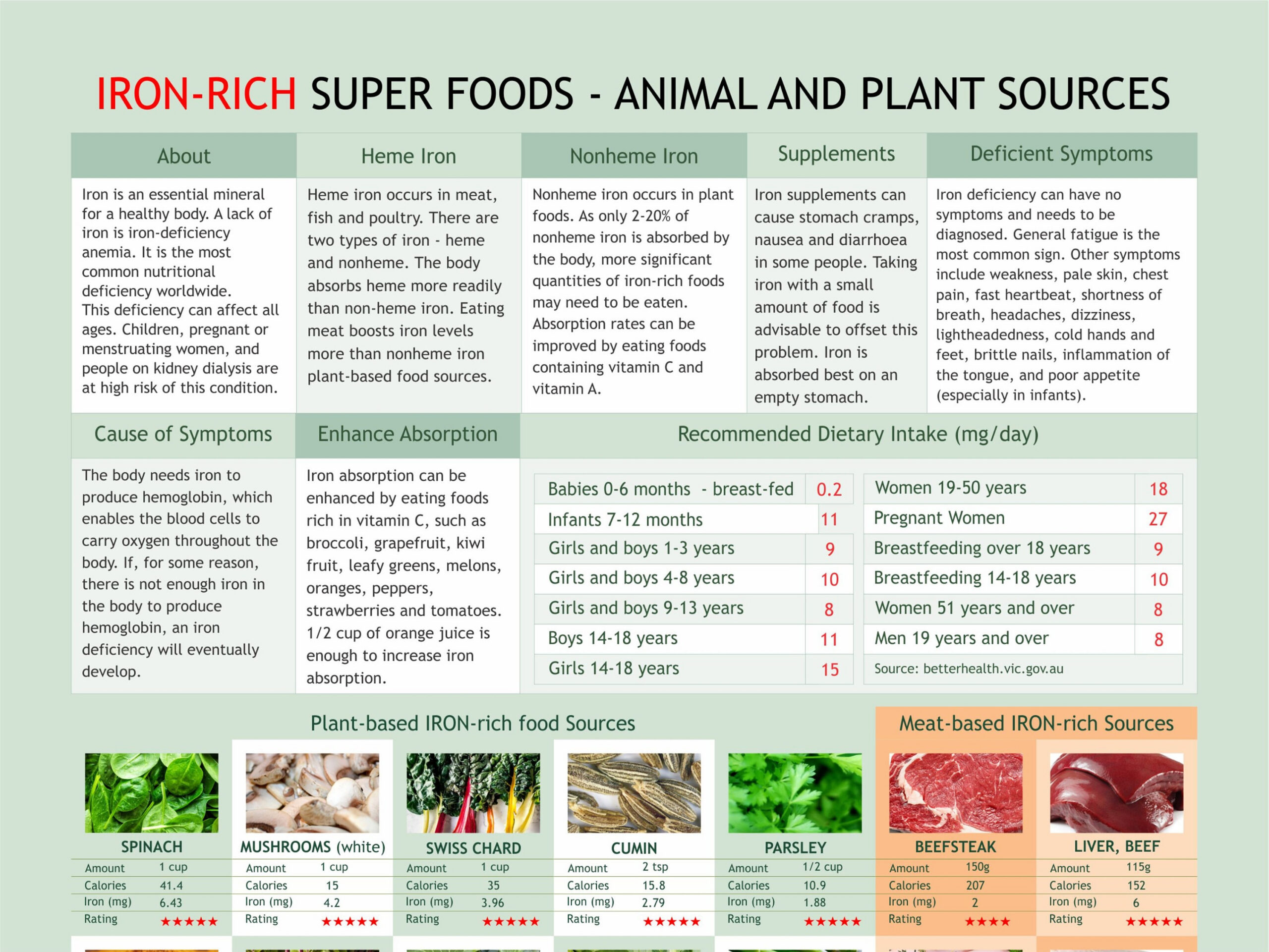 Buy Iron-Rich Food Chart: Vegan & Meat Sources (Digital Download within Iron Rich Foods List Printable