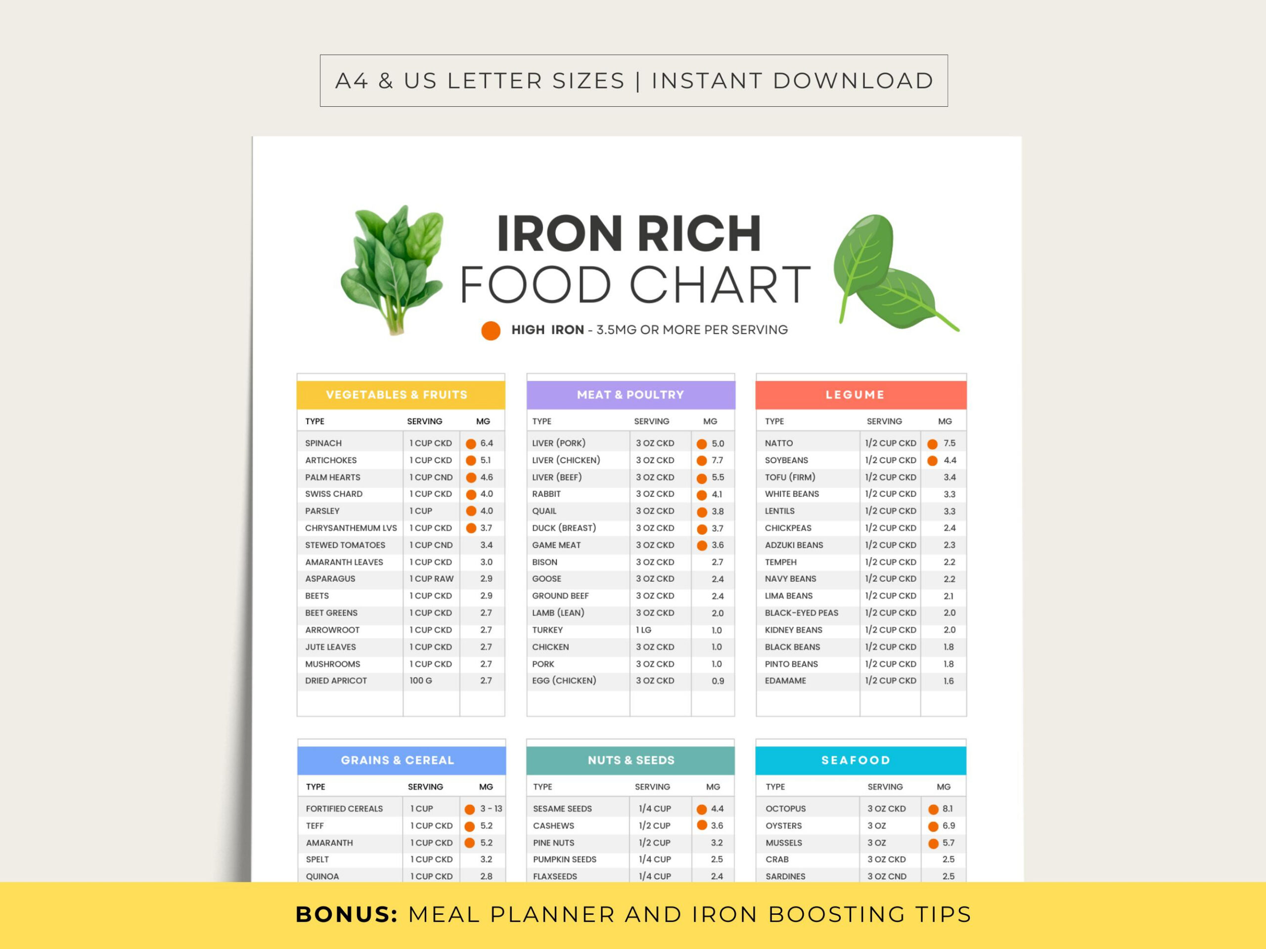 Buy Iron Rich Food List, Iron Rich Food Chart, Printable Pdf with regard to Printable List of Foods High in Iron