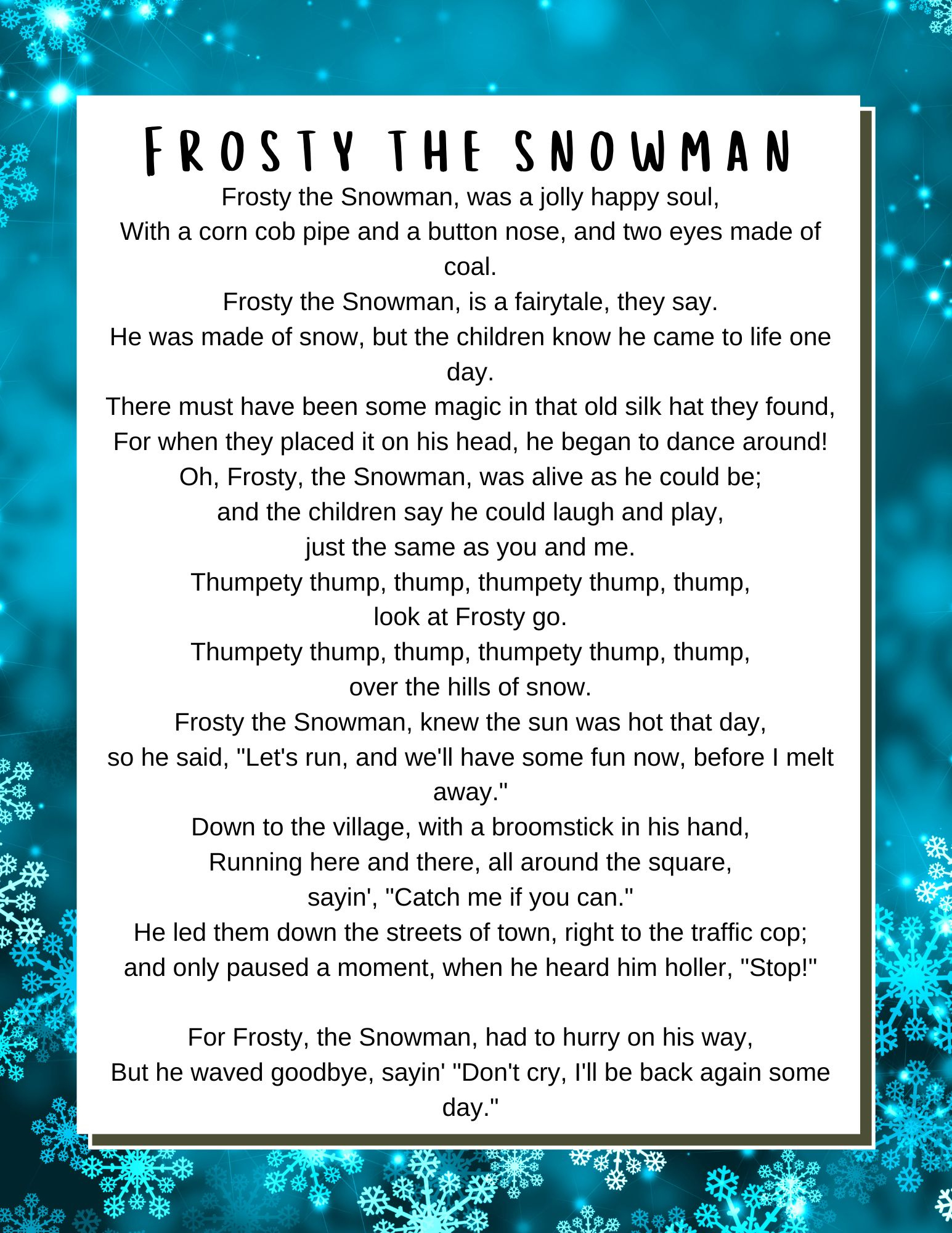 Christmas Songs Lyrics - Lyrics To Popular Christmas Carols throughout Printable Lyrics Frosty the Snowman