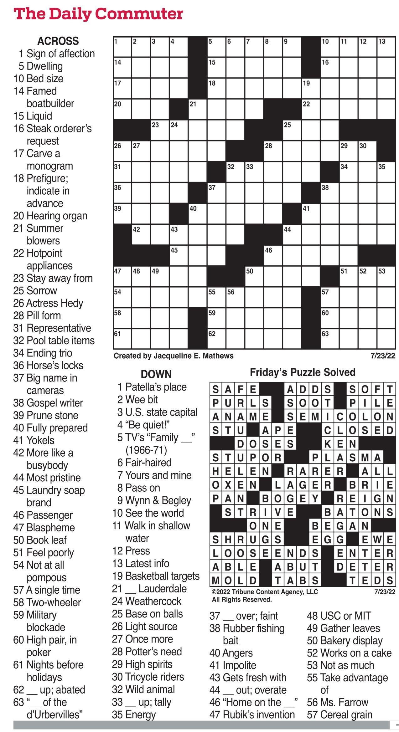 Commuter Daily Crossword - Puzzles - The Mercury News for Daily Commuter Crossword Puzzle Printable