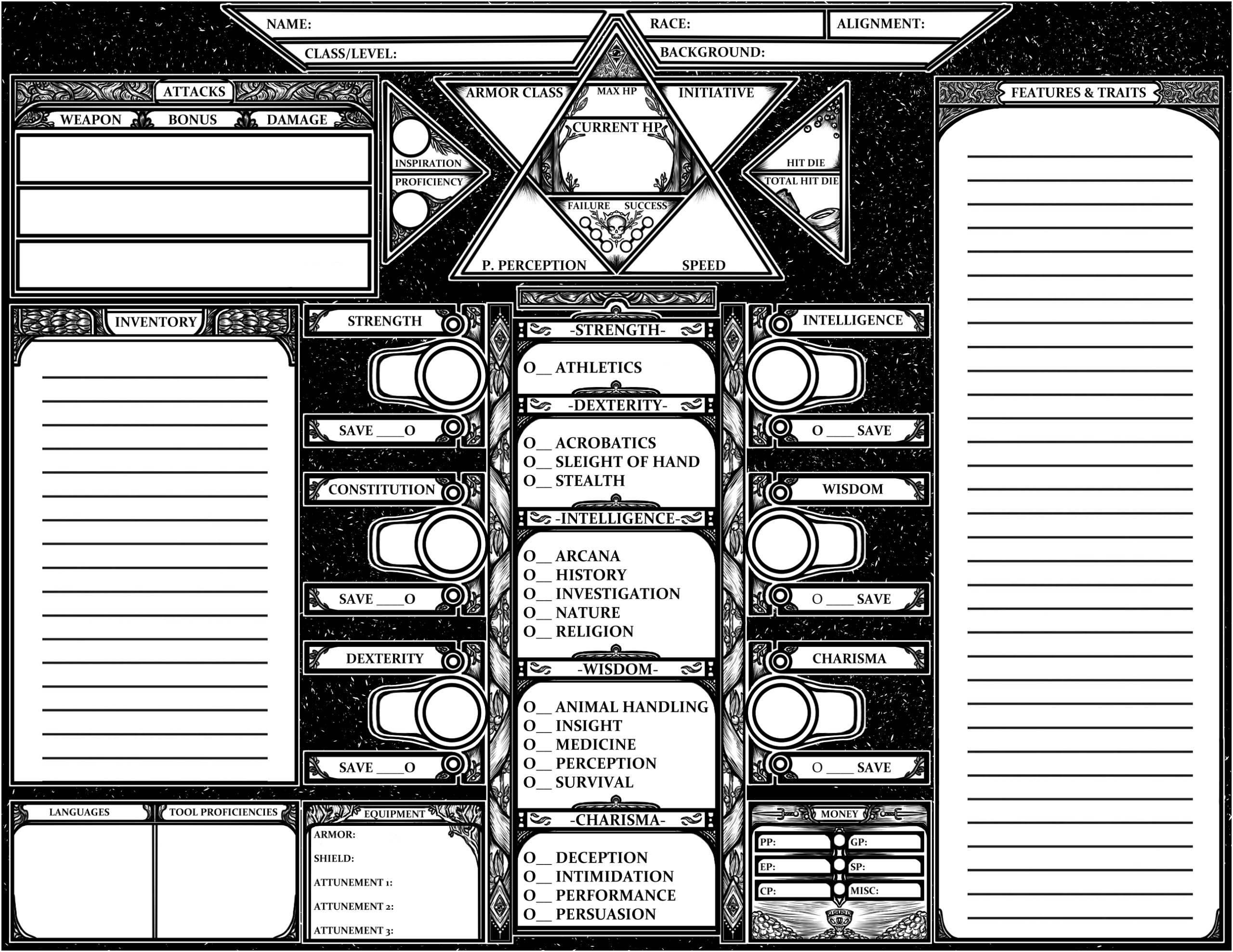 D&D 5E Woodblock Print Styled Character Sheetlaplace Atelier with D&D Printable Character Sheet
