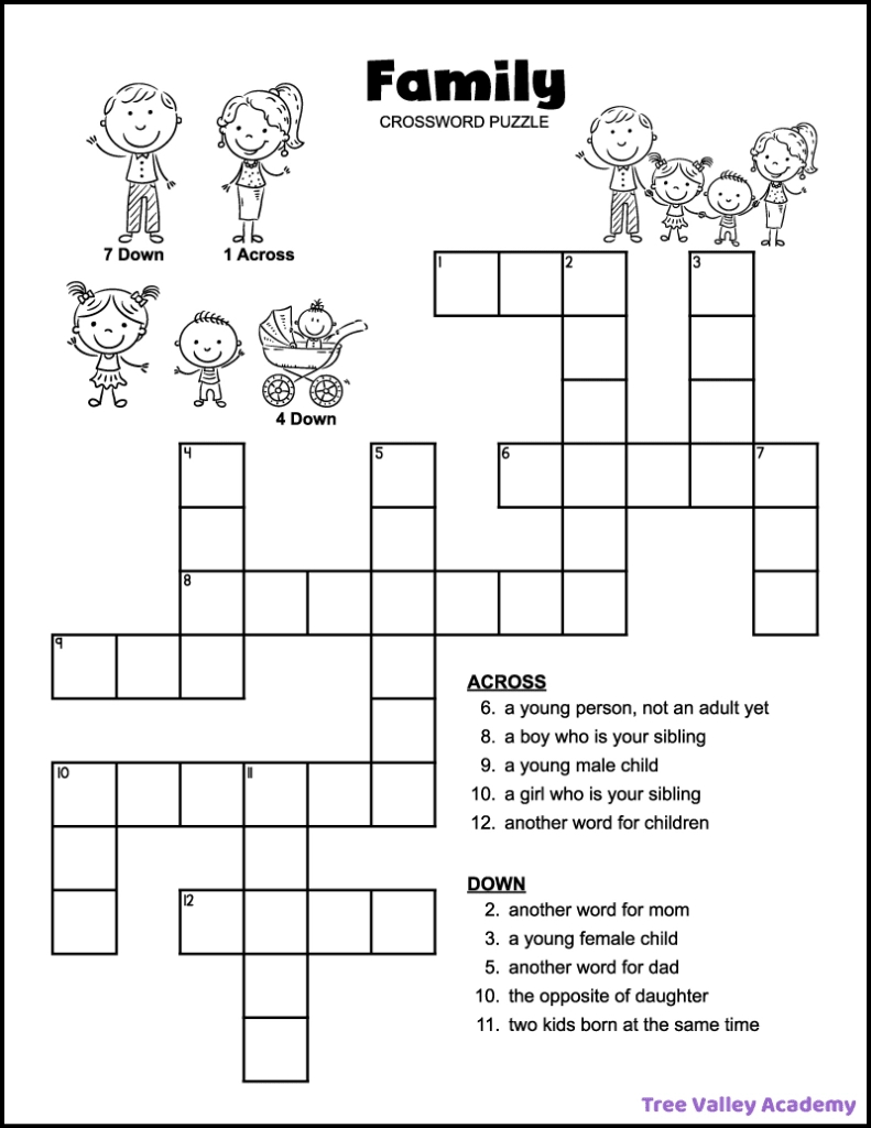 Easy Family Crossword Puzzle - Tree Valley Academy within Free Printable Crossword Puzzles Easy