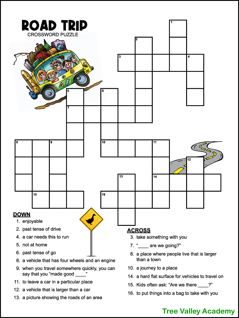 Easy Road Trip Crossword Puzzle For Kids - Tree Valley Academy in Easy Crossword Puzzles Printable with Answers