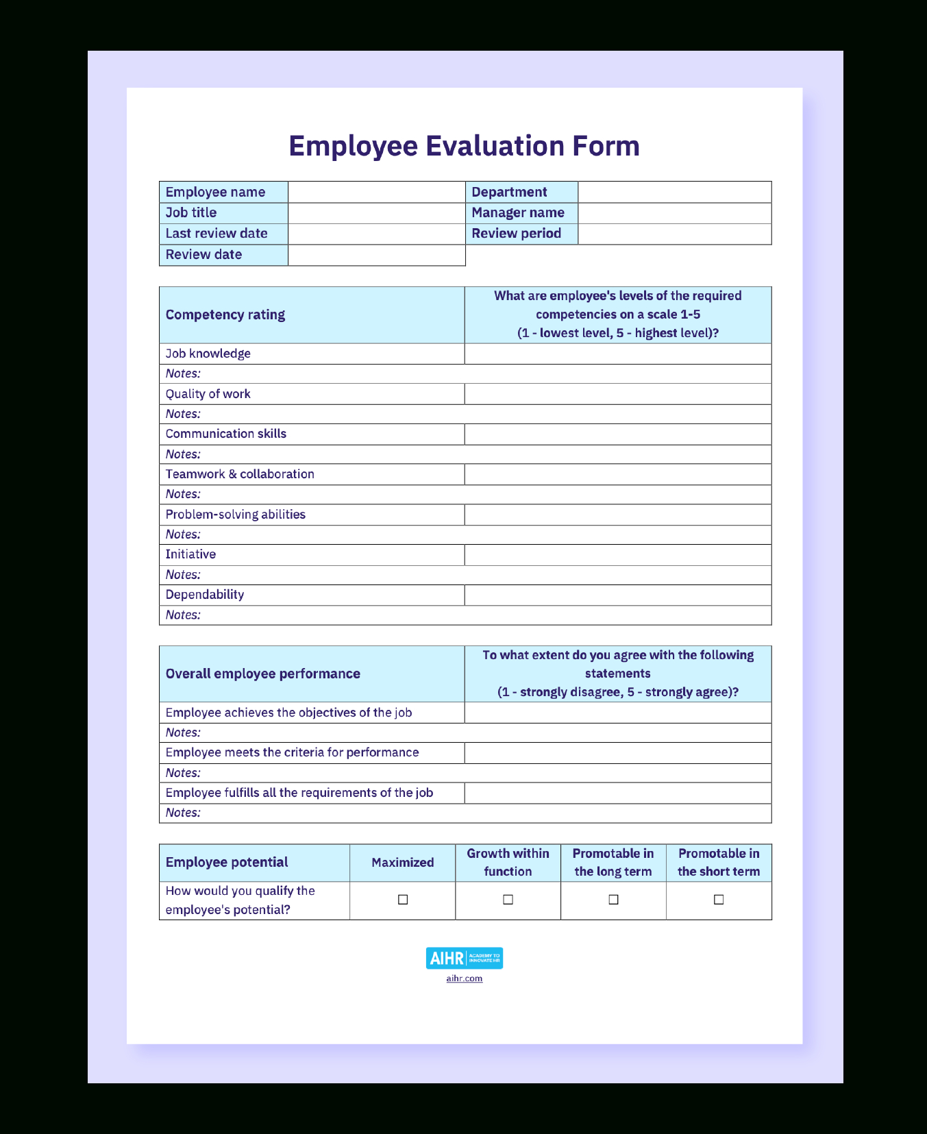 Employee Evaluation Template And Guide [Free Download] - Aihr with regard to Pdf Downloadable Free Employee Evaluation Forms Printable