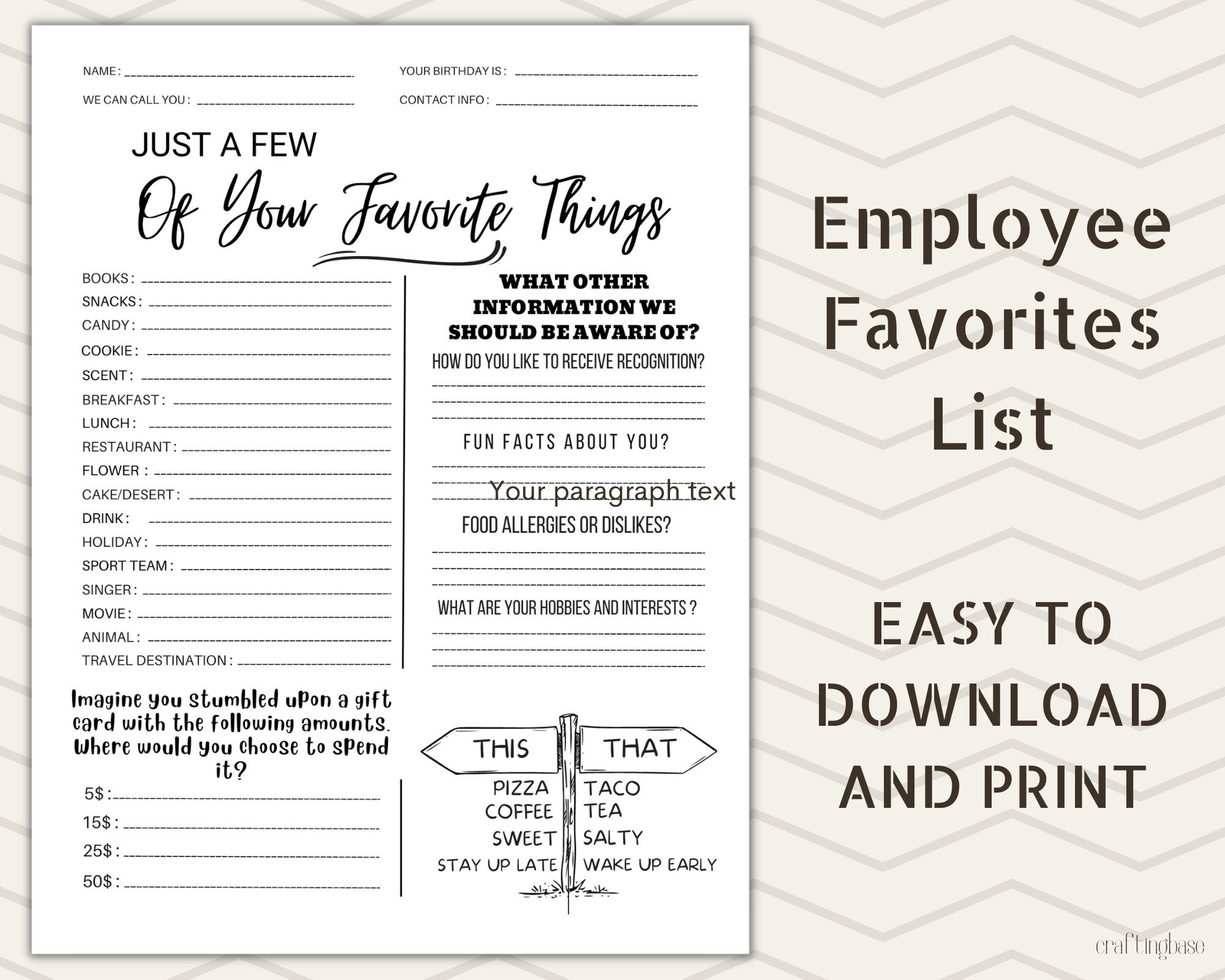 Employee Favorites List, Employee Wishlist, Printable Employee Favorites List Pdf For Office Use, Get To Know Your Team Better regarding Free Printable Employee Favorite Things List