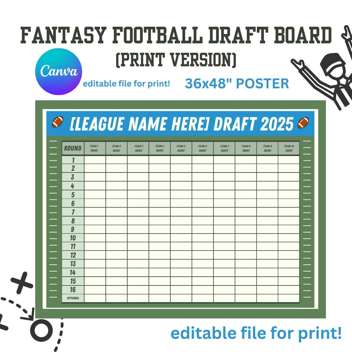 Fantasy Football Draft Board 2025 (10 Team) - Bearbeitbares Canva inside Fantasy Football Printable Draft Board