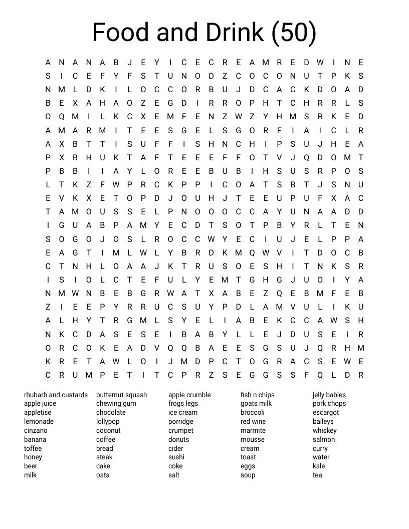 Food And Drink (50) Word Search - Wordmint in Printable Word Search Puzzles Adults