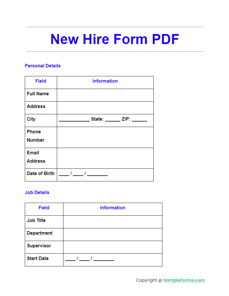 Free 8+ New Hire Form Samples, Pdf, Ms Word, Google Docs, Excel pertaining to New Hire Paperwork Printable