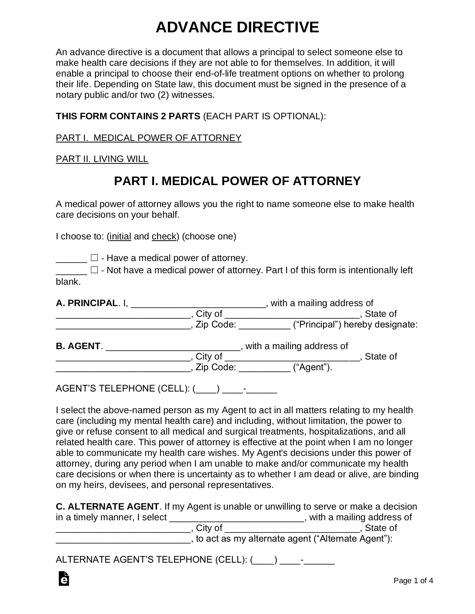 Free Advance Directive Form - Pdf | Word – Eforms throughout Free Printable Advance Directive Forms
