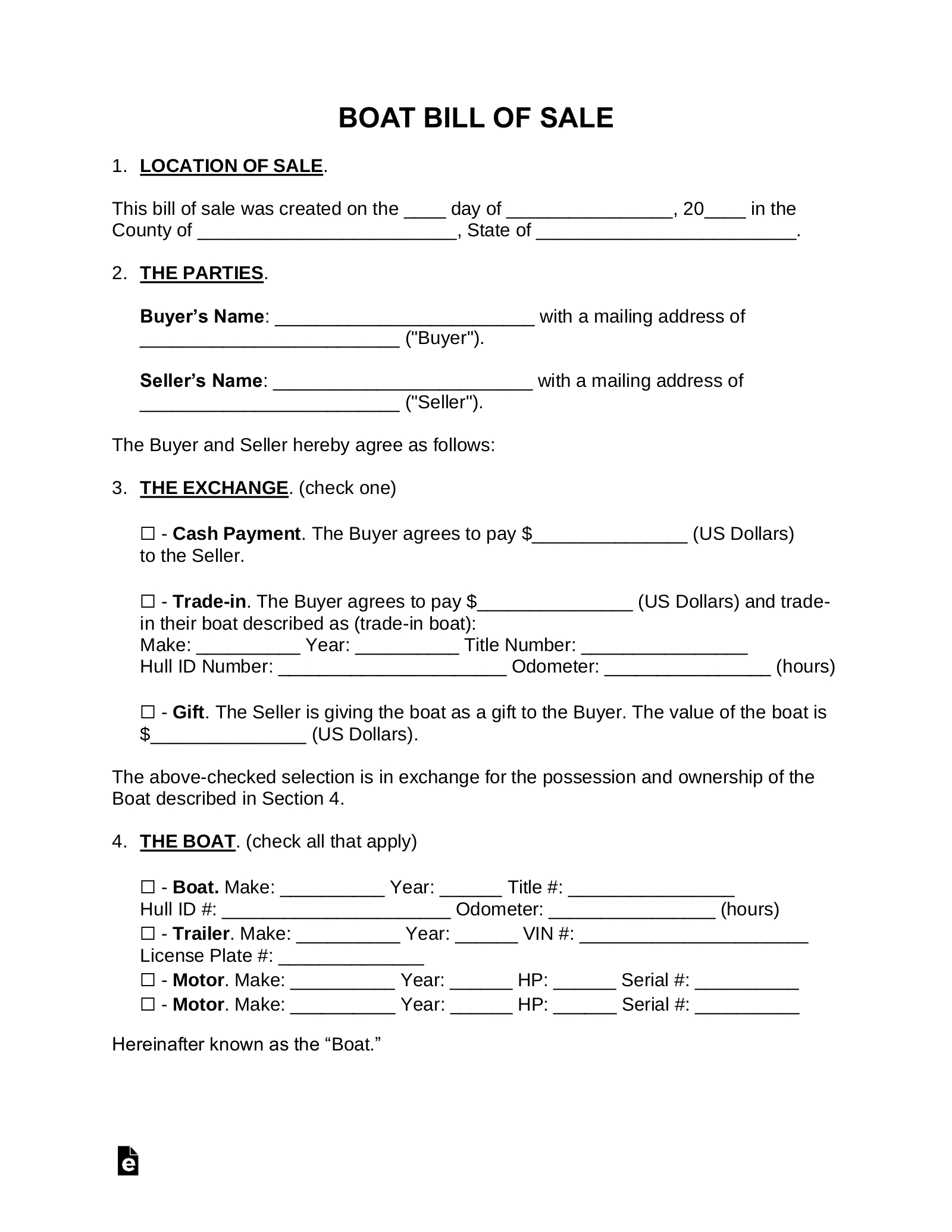 Free Boat Bill Of Sale - Pdf | Word – Eforms intended for Printable Bill Of Sale For Boat