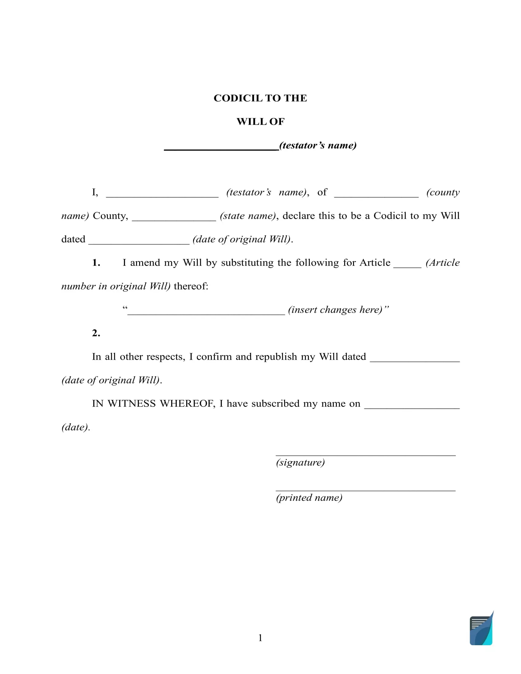 Free Codicil To Will Form ⇒ Printable Codicil Pdf Template within Free Printable Codicil To Will