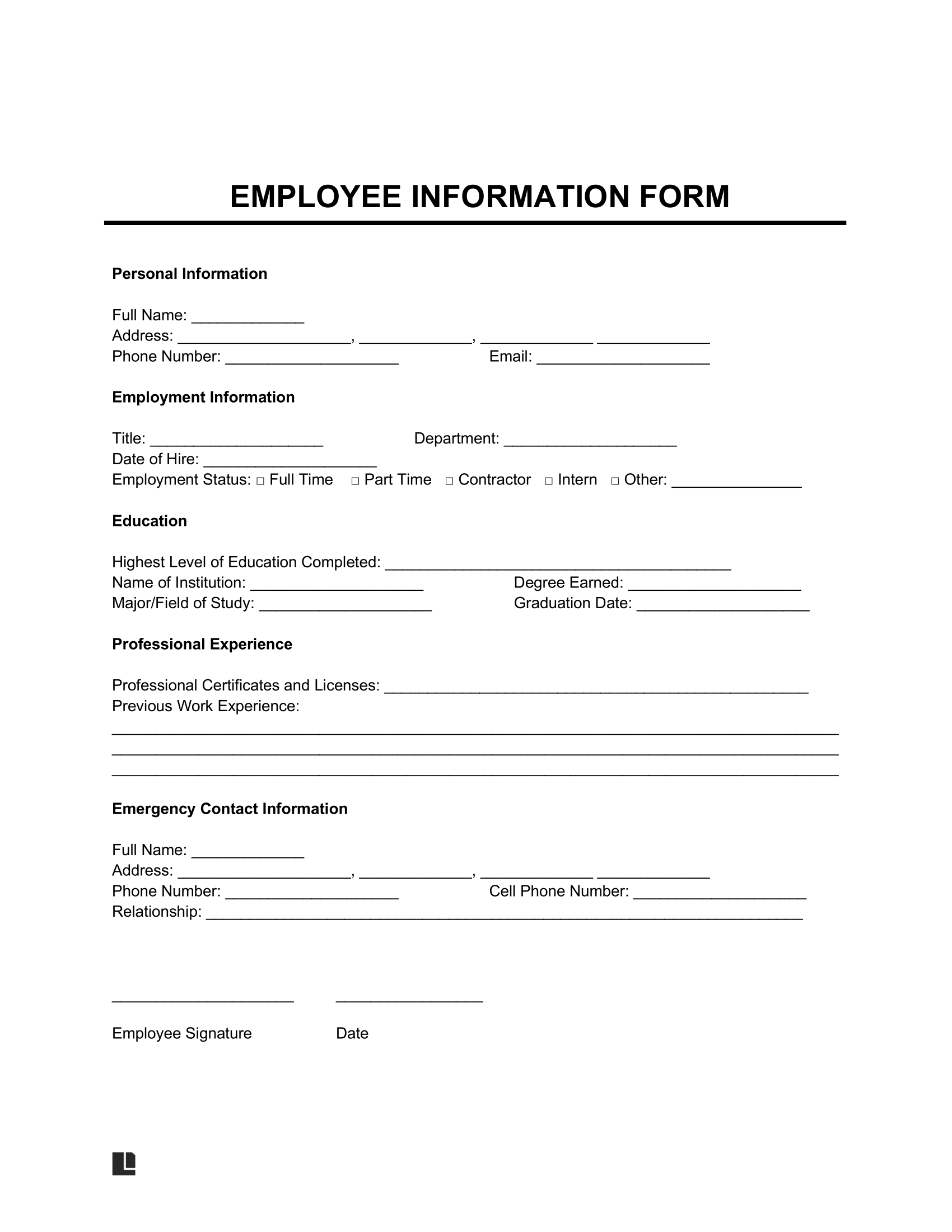 Free Employee Information Form Template | Pdf & Word for New Hire Paperwork Printable