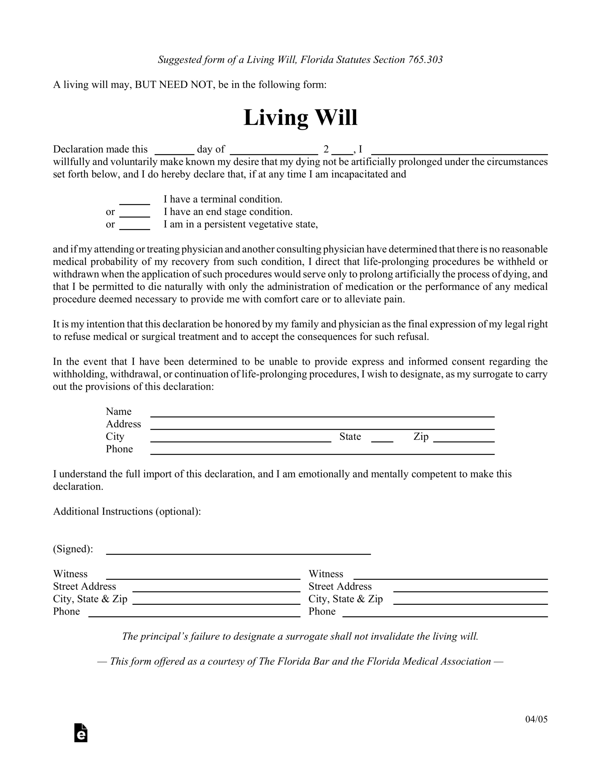 Free Florida Living Will Form Template - Pdf – Eforms within Free Printable Living Will Template