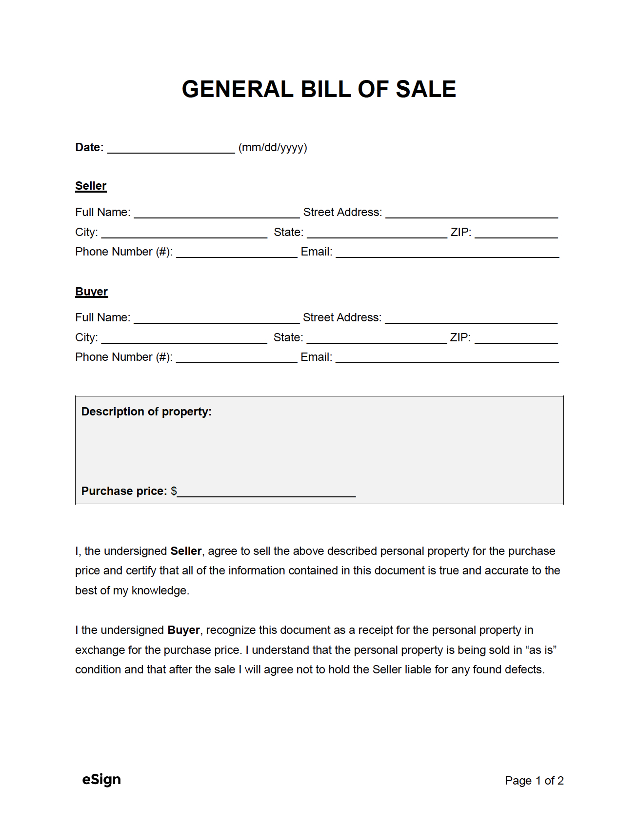 Free General Bill Of Sale Form | Pdf | Word for Bill Of Sale Printable Free