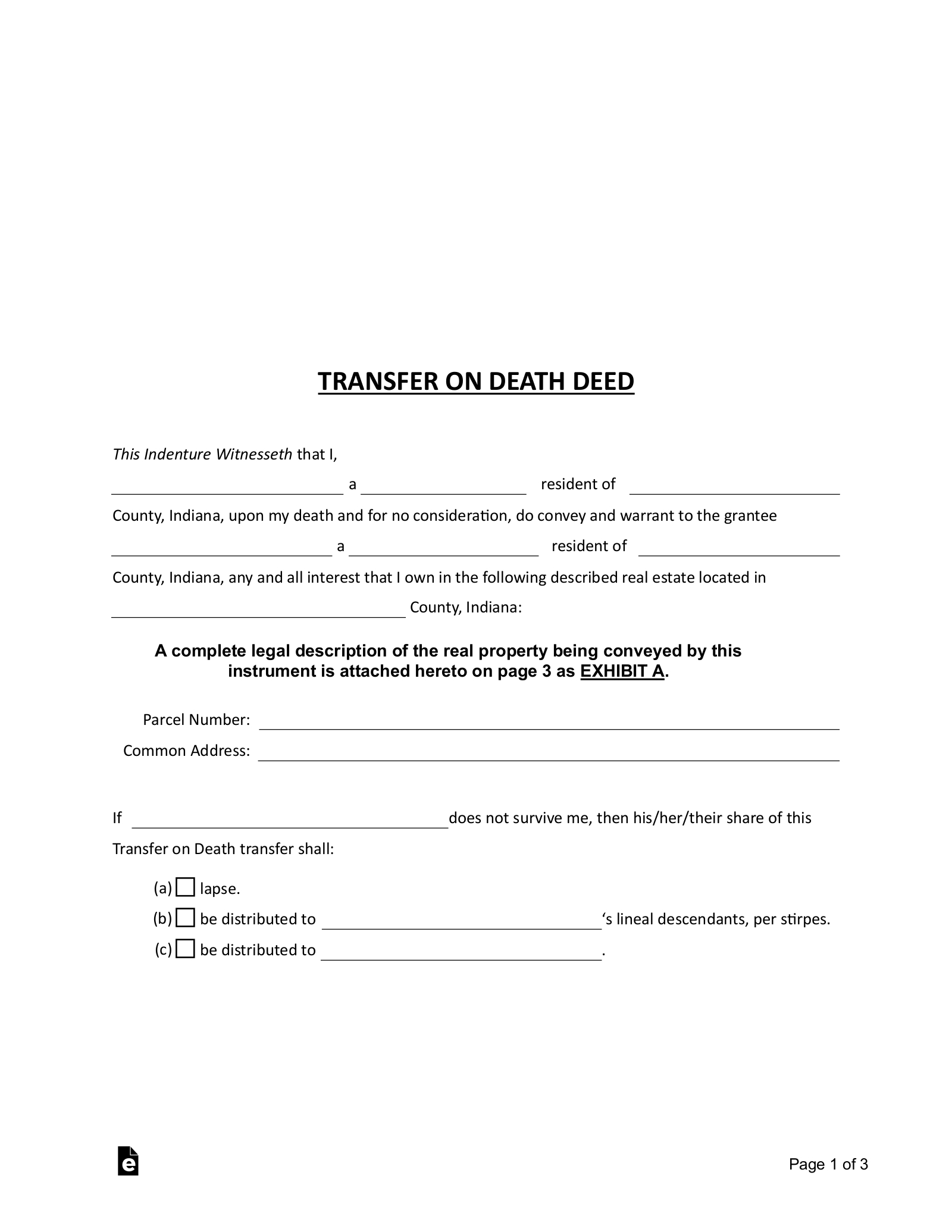 Free Indiana Transfer On Death Deed - Pdf | Word – Eforms in Free Printable Transfer On Death Deed Form