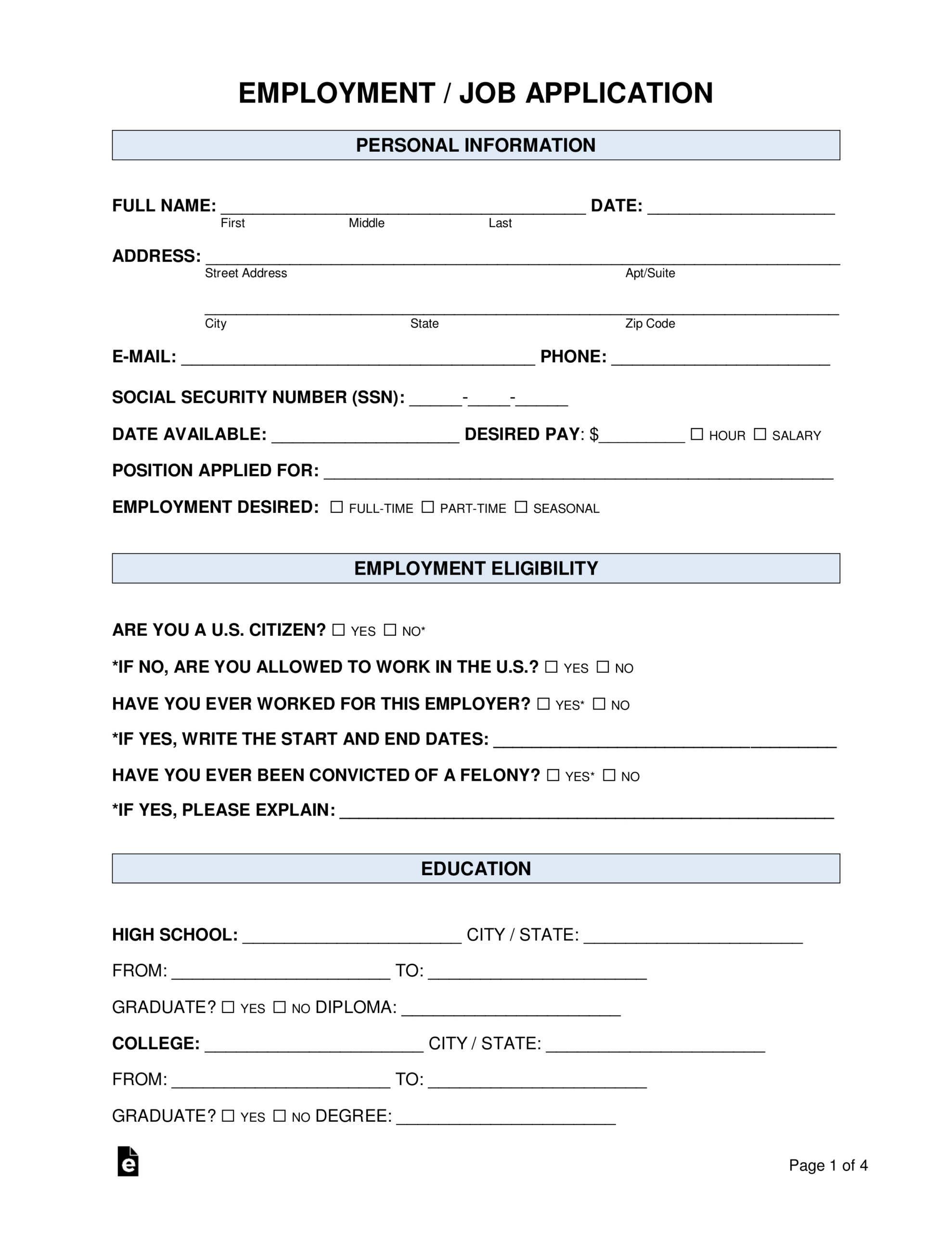 Free Job Application Forms (2) - Pdf | Word – Eforms throughout Printable Generic Application For Employment