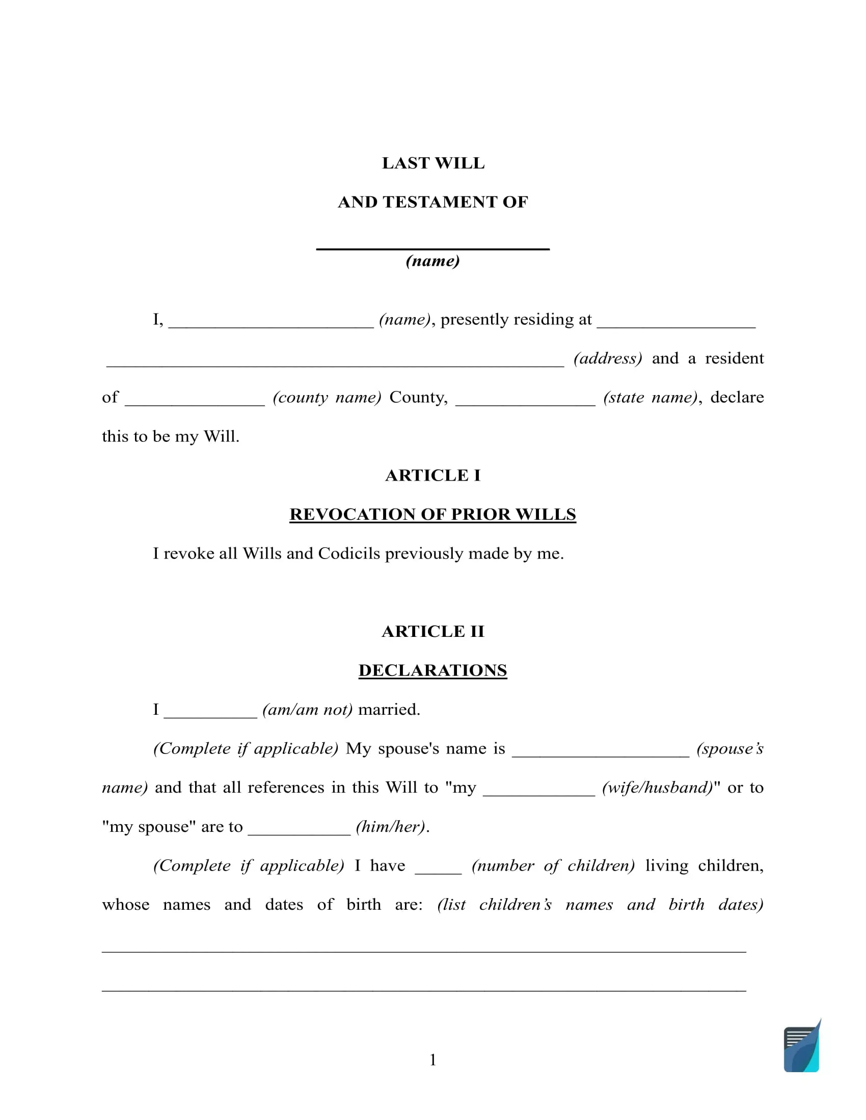 Free Last Will And Testament Template ⇒ Will Forms In Pdf And Doc for Free Last Will and Testament Printable Form