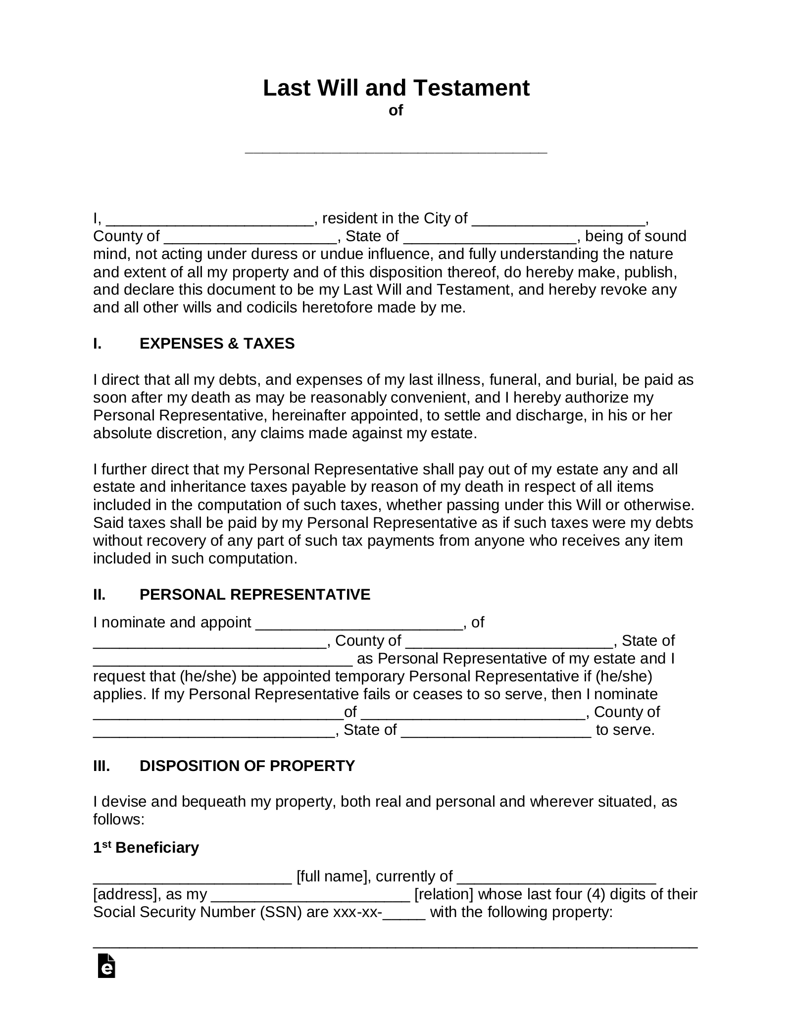 Free Last Will And Testament (Will) - Pdf | Word – Eforms within Free Last Will And Testament Printable Form