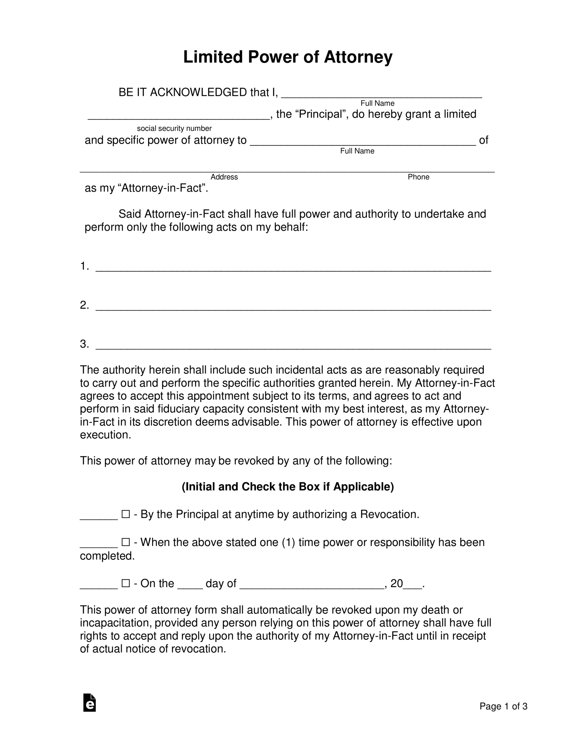 Free Limited (Special) Power Of Attorney Form - Pdf | Word – Eforms with regard to Power of Attorney Printable Form