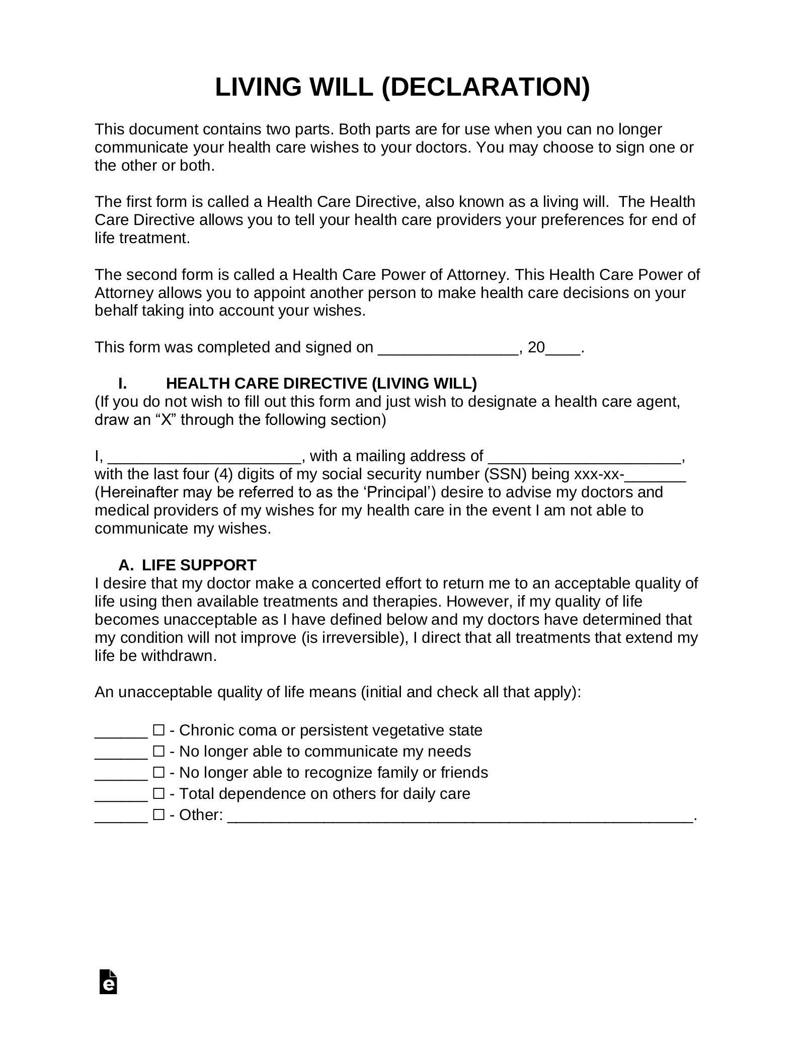 Free Living Will Form (Health Care Directive) - Pdf | Word – Eforms throughout Free Printable Advance Directive Forms