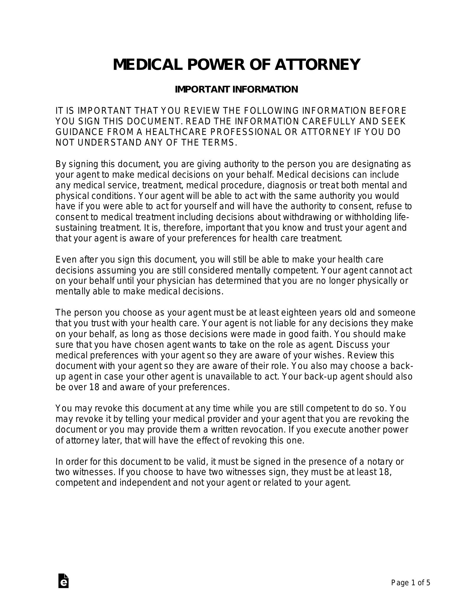 Free Medical Power Of Attorney (Mpoa) Form - Pdf | Word – Eforms intended for Printable Medical Power of Attorney