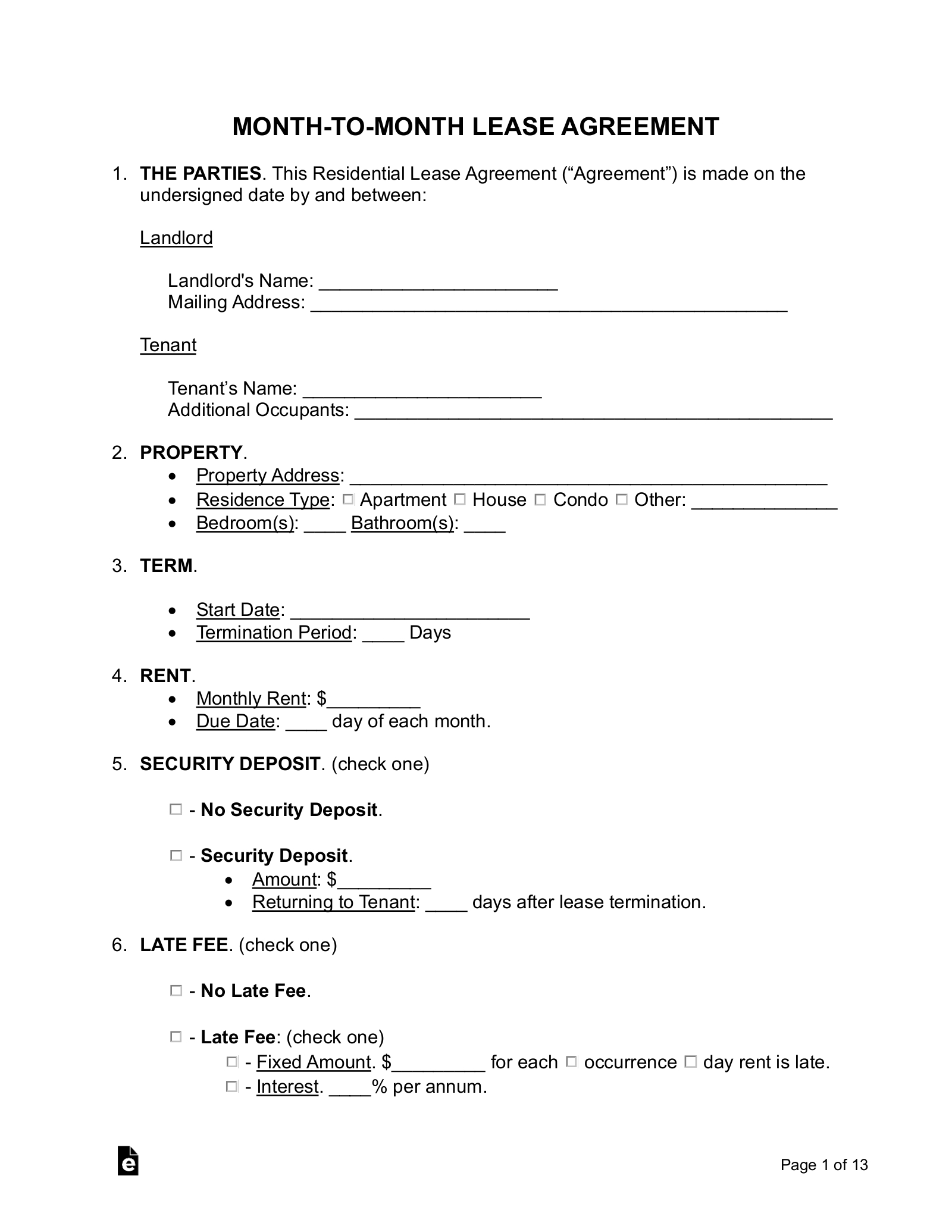 Free Month-To-Month Lease Agreement Template - Pdf | Word – Eforms throughout Free Printable Basic Rental Agreement Fillable