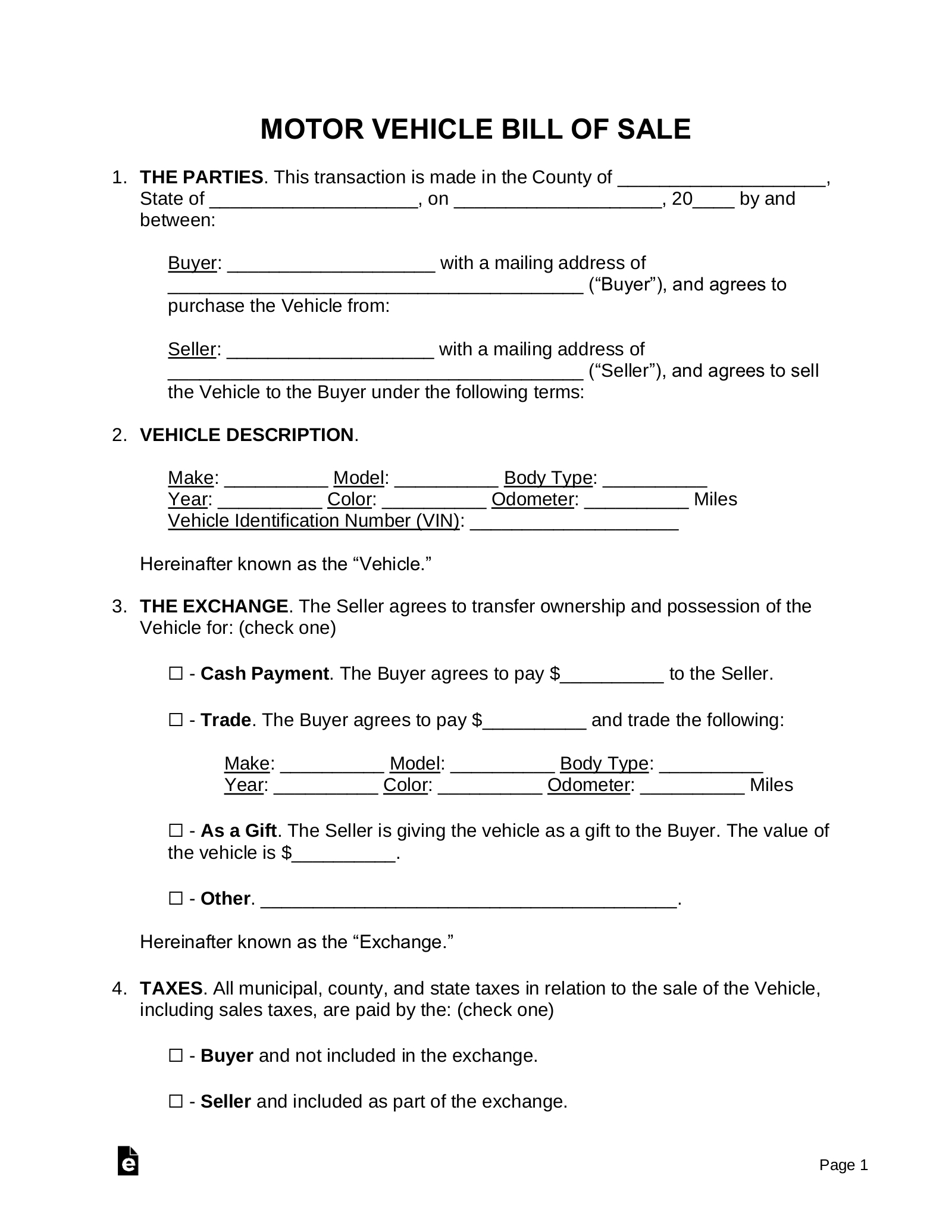 Free Motor Vehicle (Dmv) Bill Of Sale Form - Pdf | Word – Eforms inside Bill of Sale For Car Free Printable