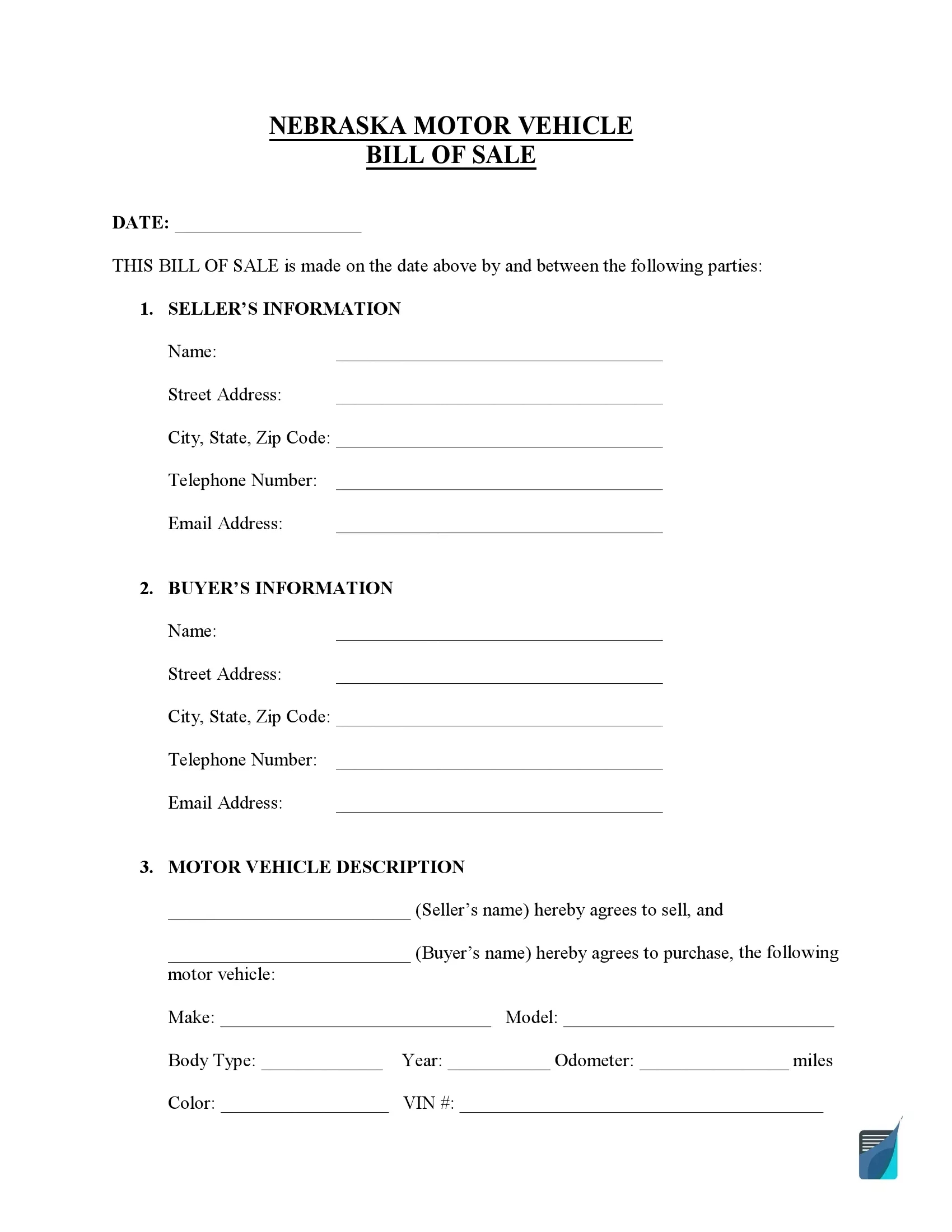 Free Nebraska Bill Of Sale Forms (Pdf) | Formspal for Nebraska Bill Of Sale Printable