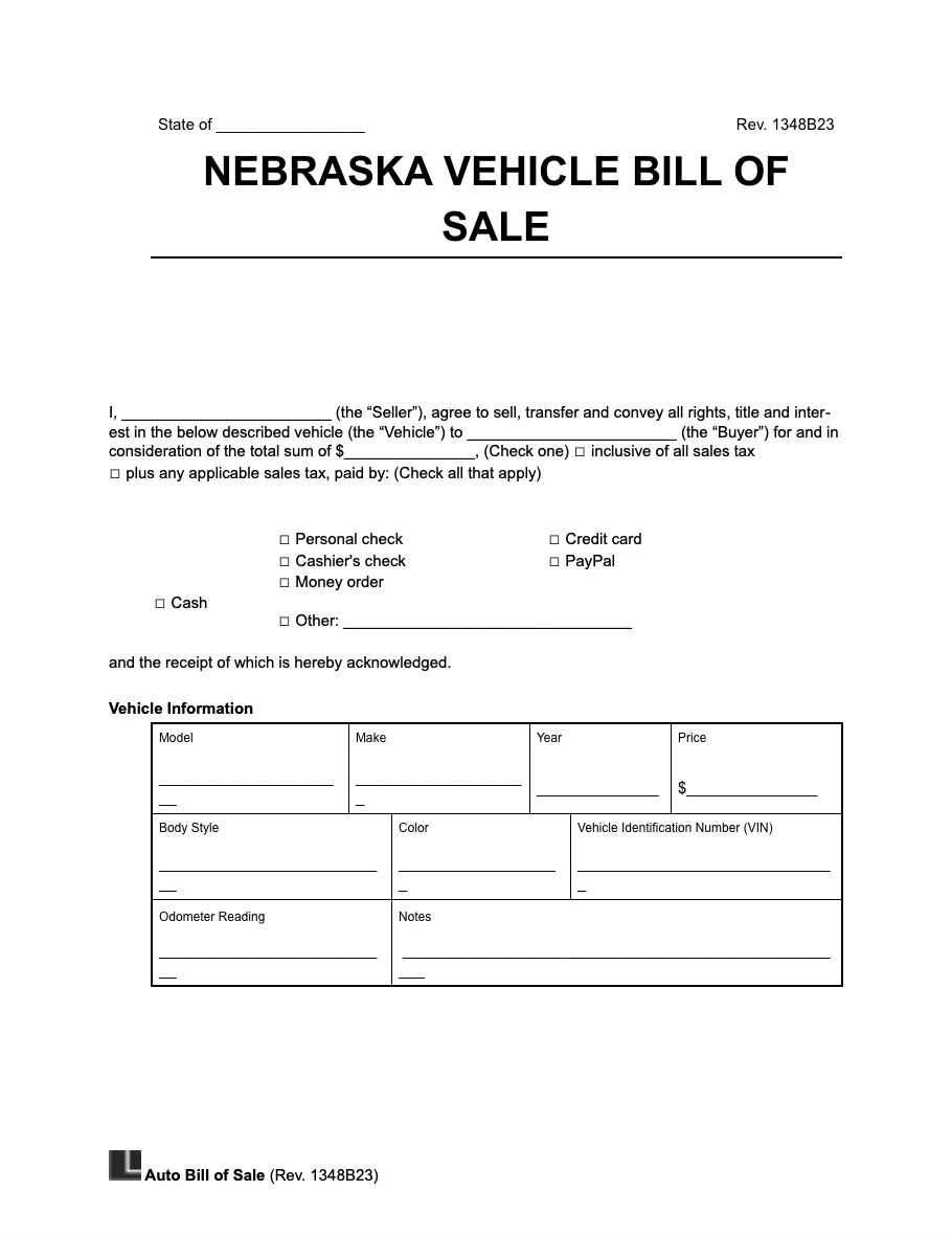Free Nebraska Vehicle Bill Of Sale Form | Pdf & Word pertaining to Nebraska Bill of Sale Printable