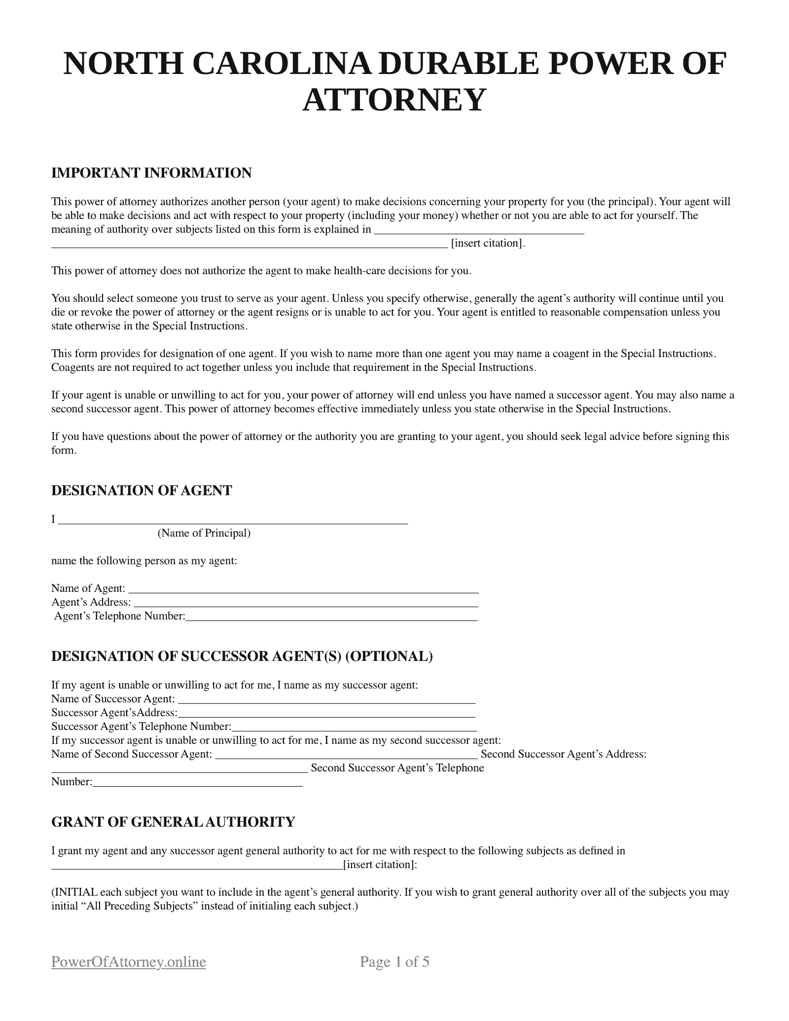 Free North Carolina (Nc) Durable Power Of Attorney Forms with regard to Free Printable Nc Power of Attorney Form