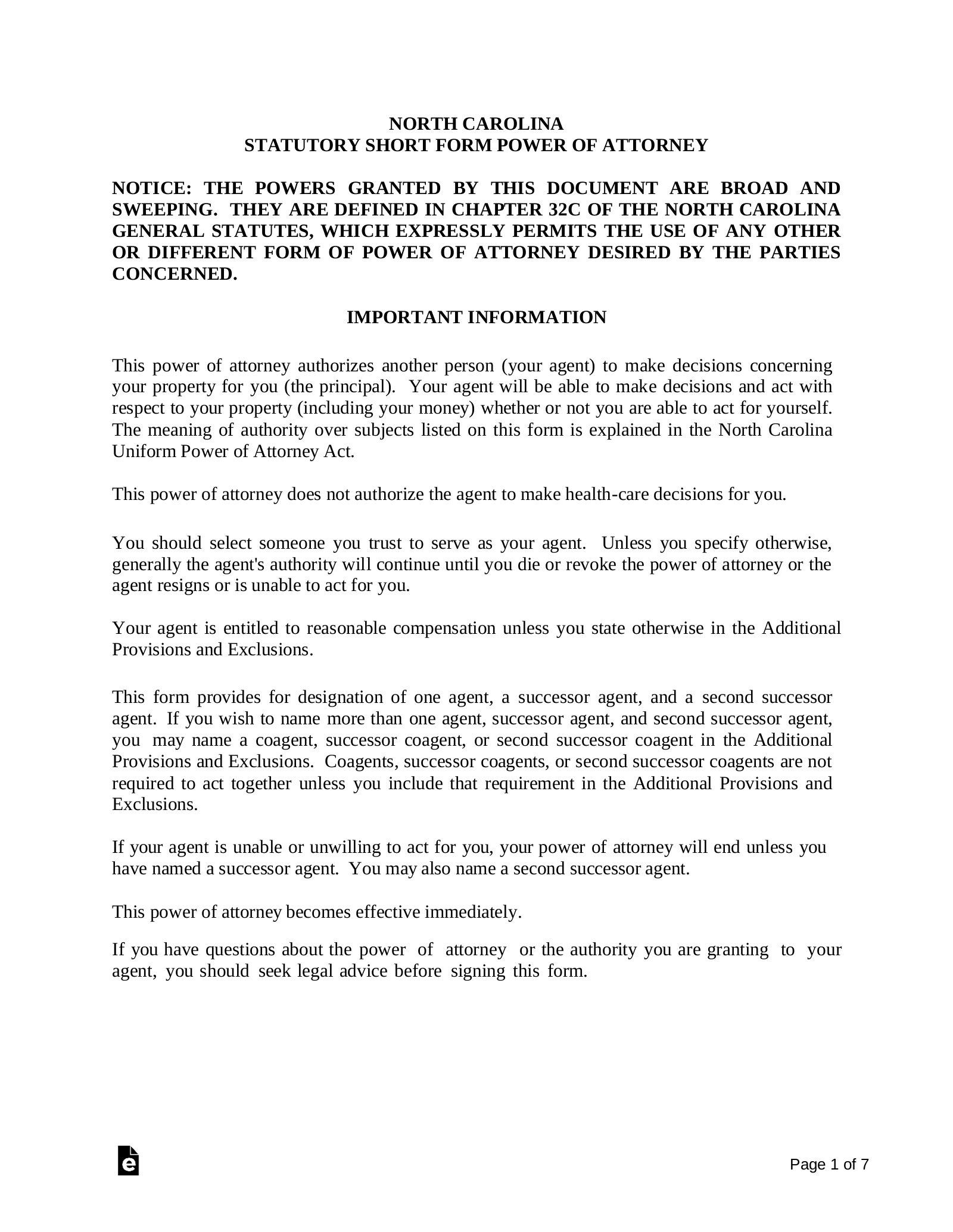 Free North Carolina Power Of Attorney Forms (10 Types) - Pdf for Free Printable Nc Power of Attorney Form