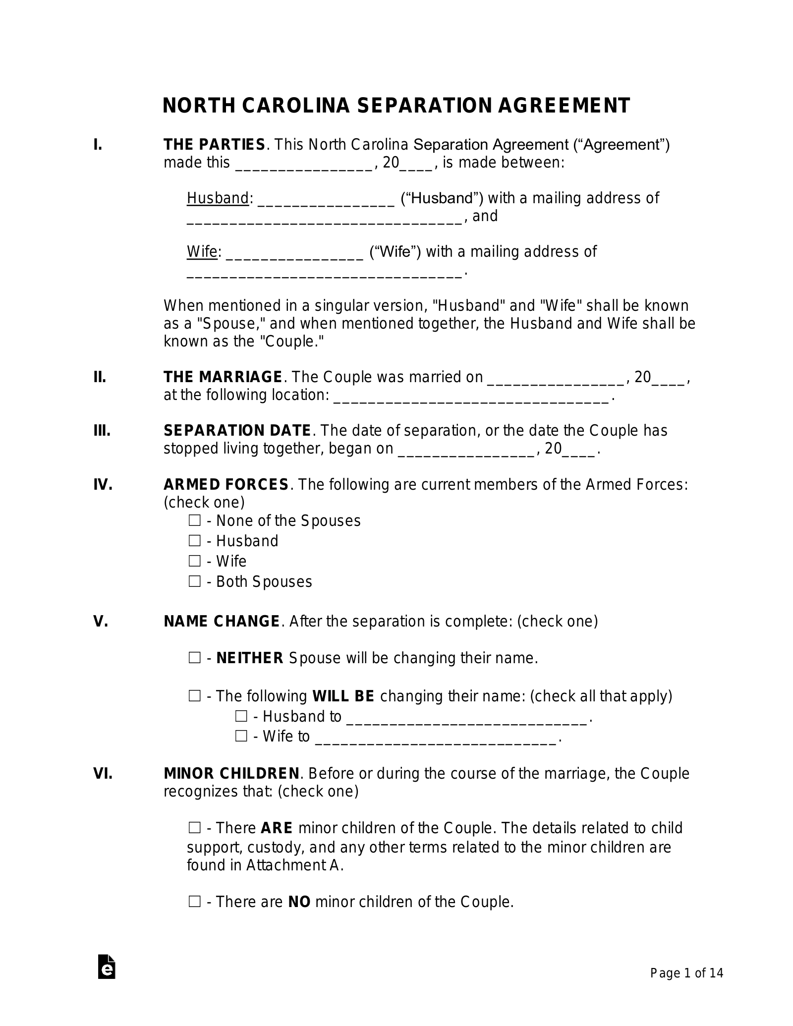 Free North Carolina Separation Agreement Template - Pdf | Word with Printable Nc Divorce Forms
