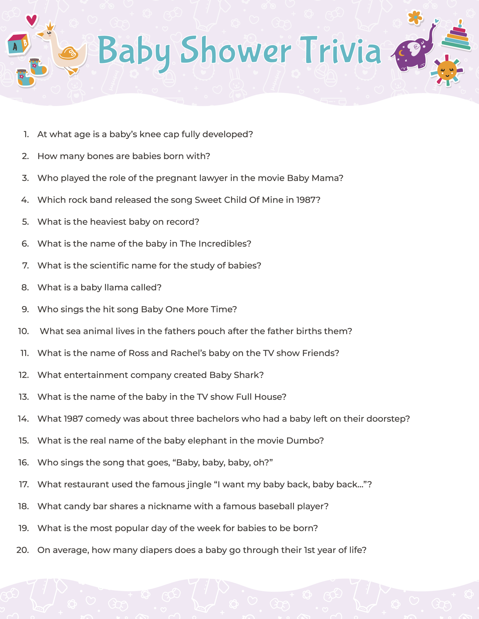 Free Printable Baby Shower Trivia Game - Play Party Plan in Baby Shower Trivia Game Printable