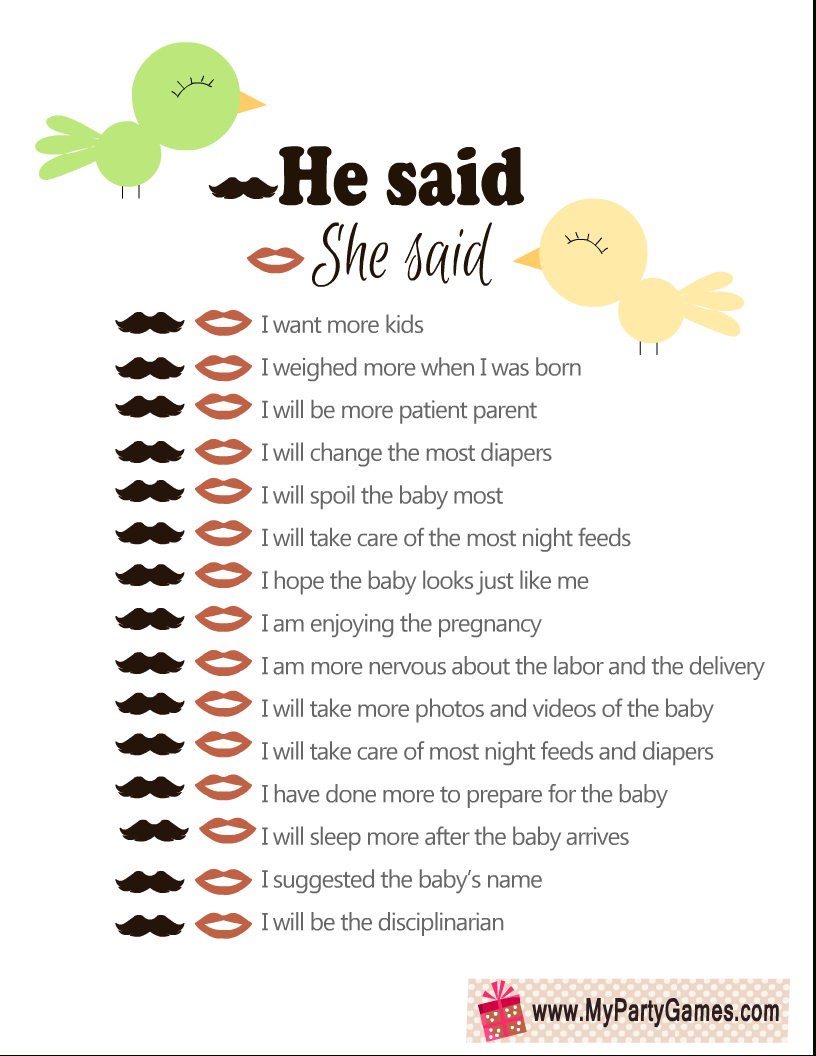 Free Printable He Said, She Said Baby Shower Game with Free Printable Baby Shower Games