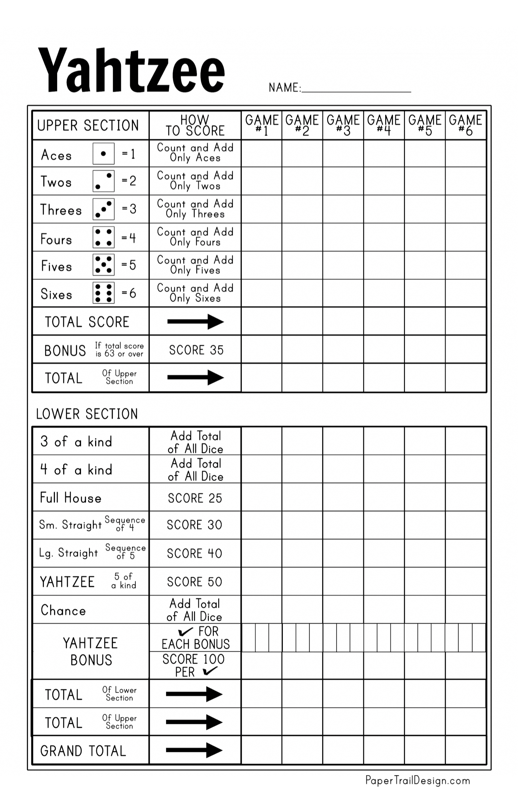 Free Printable Yahtzee Score Card - Paper Trail Design in Yahtzee Score Sheets Printable Free