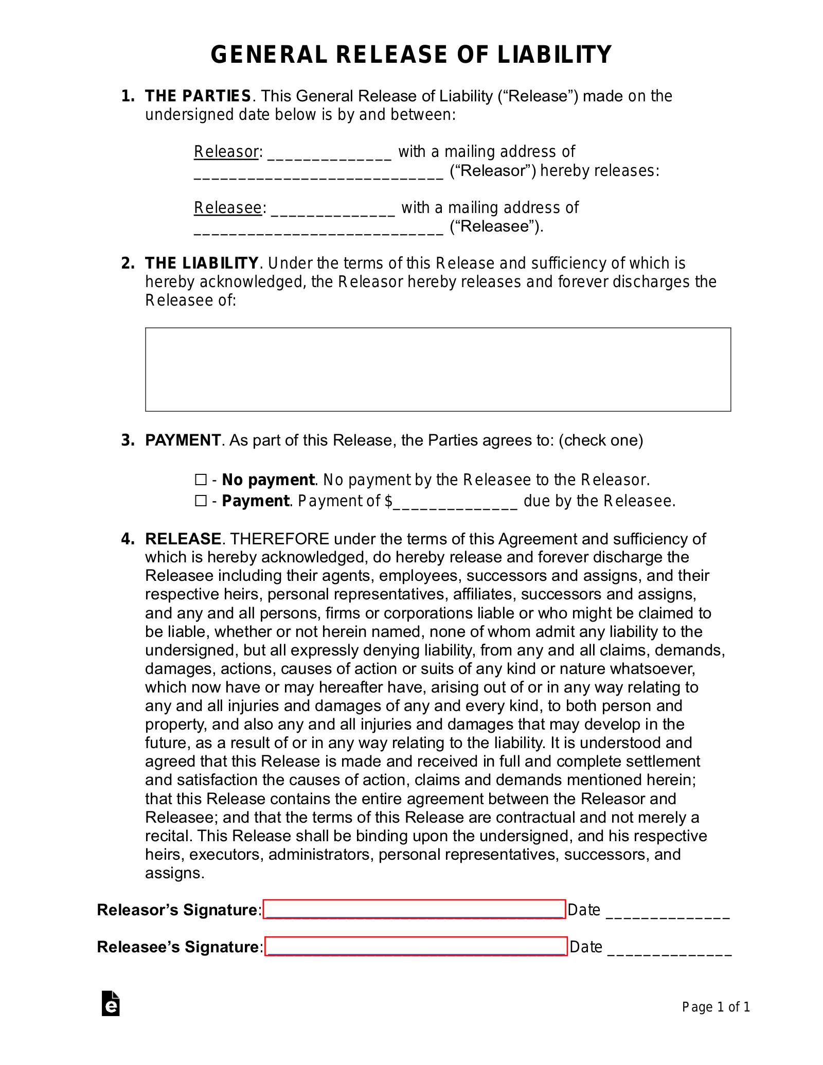 Free Release Of Liability (Waiver) Forms (14) - Pdf | Word – Eforms in Free Printable Waiver Of Liability Form