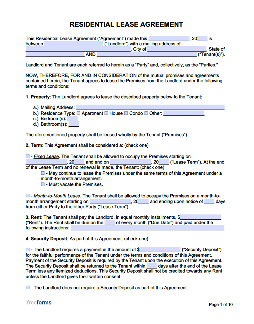 Free Rental / Lease Agreement Templates | Pdf | Word for Free Printable Rental Lease Forms