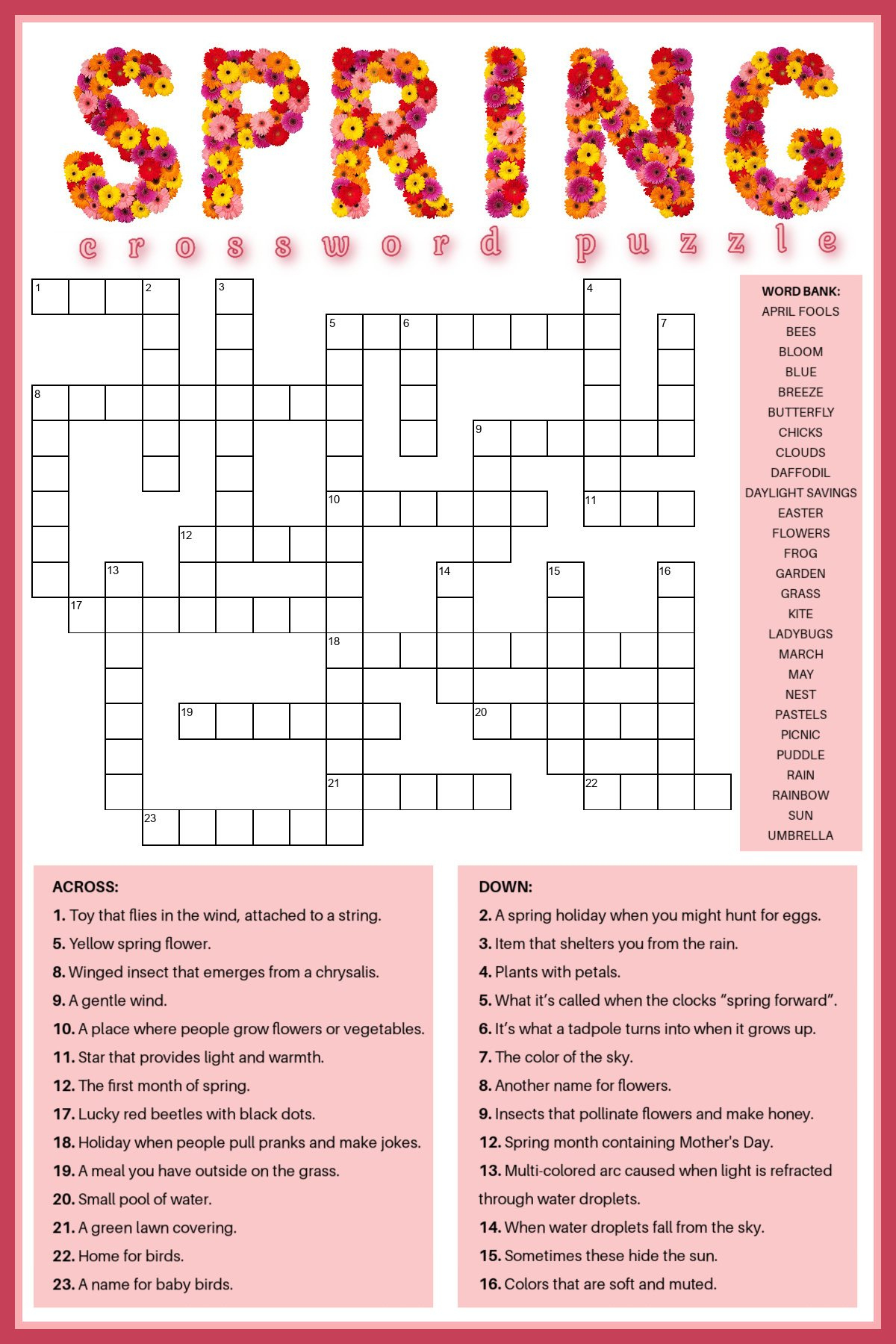 Free Spring Crossword Puzzle Printable - Answer Key Included with regard to Crossword Puzzles With Word Bank Printable