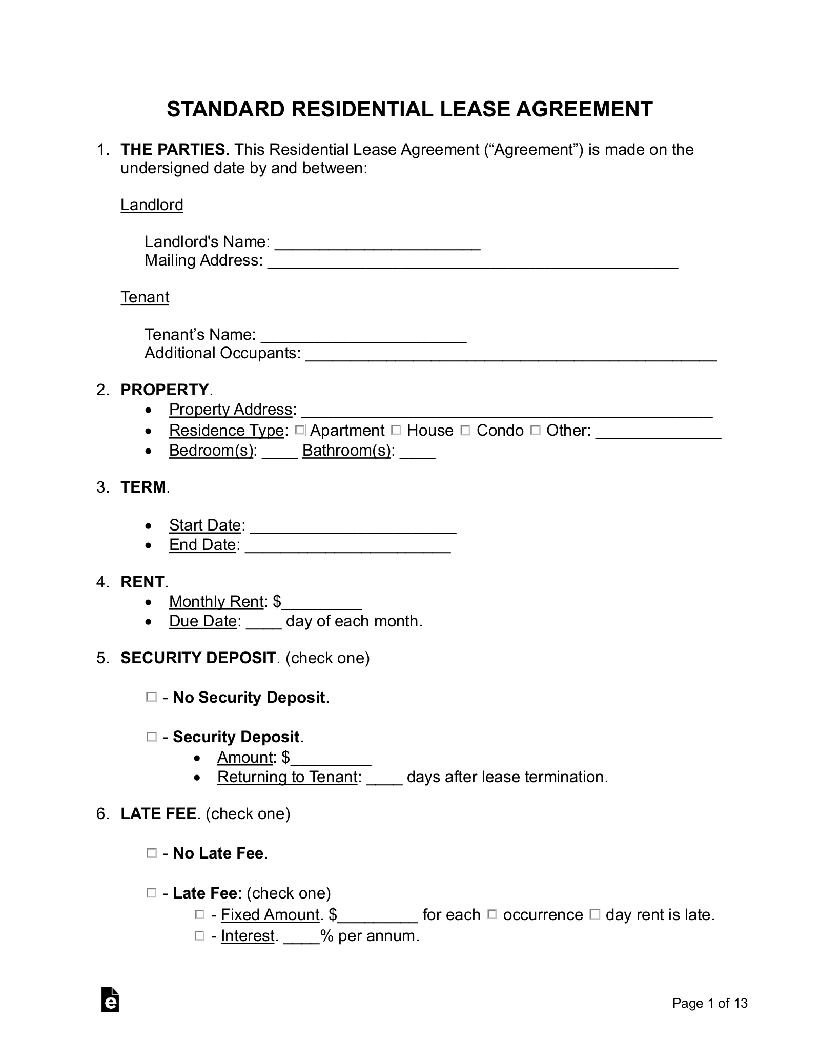 Free Standard Residential Lease Agreement Template - Pdf | Word regarding Free Printable Basic Room Rental Agreement