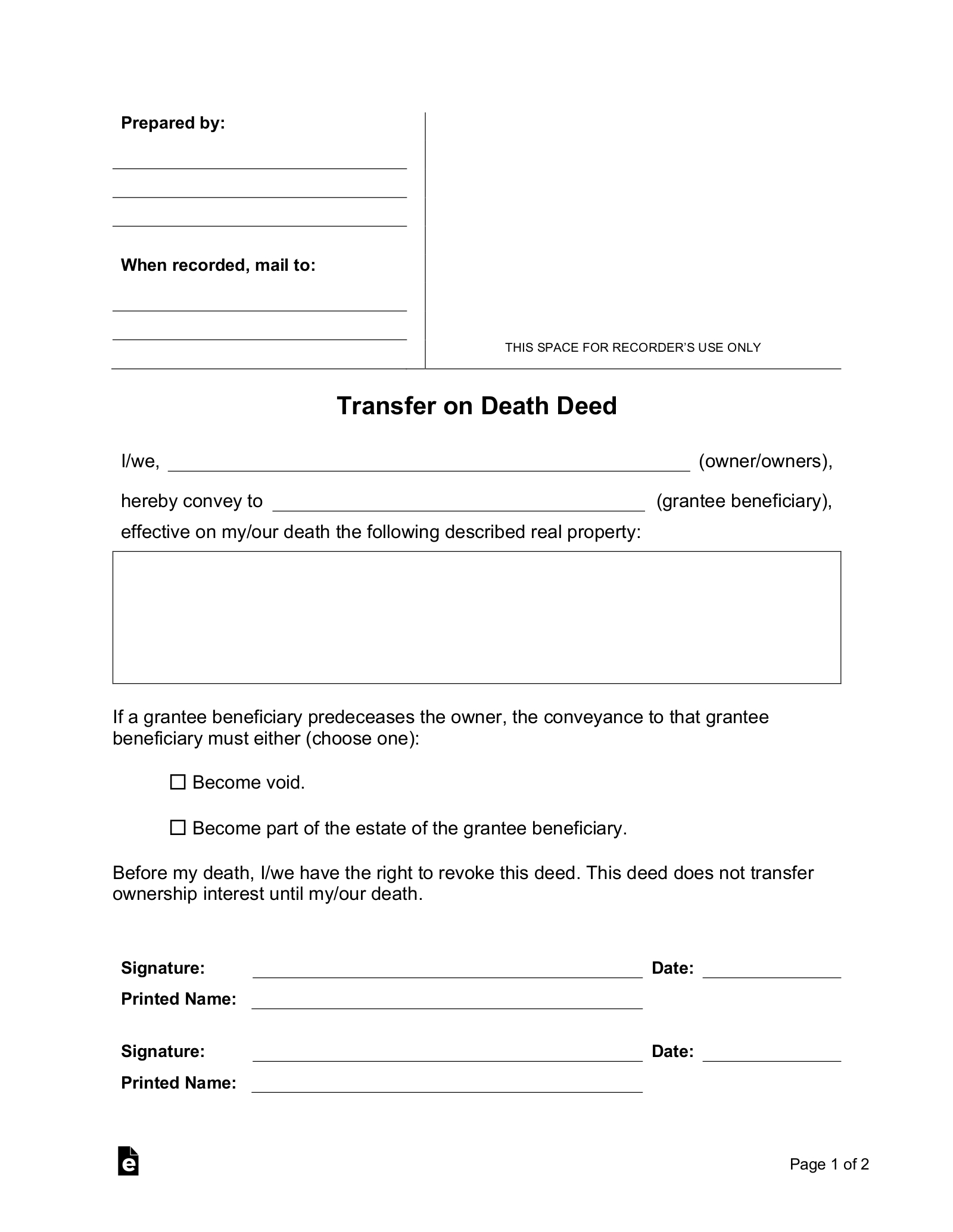 Free Transfer On Death Deed - Pdf | Word – Eforms for Free Printable Transfer On Death Deed Form
