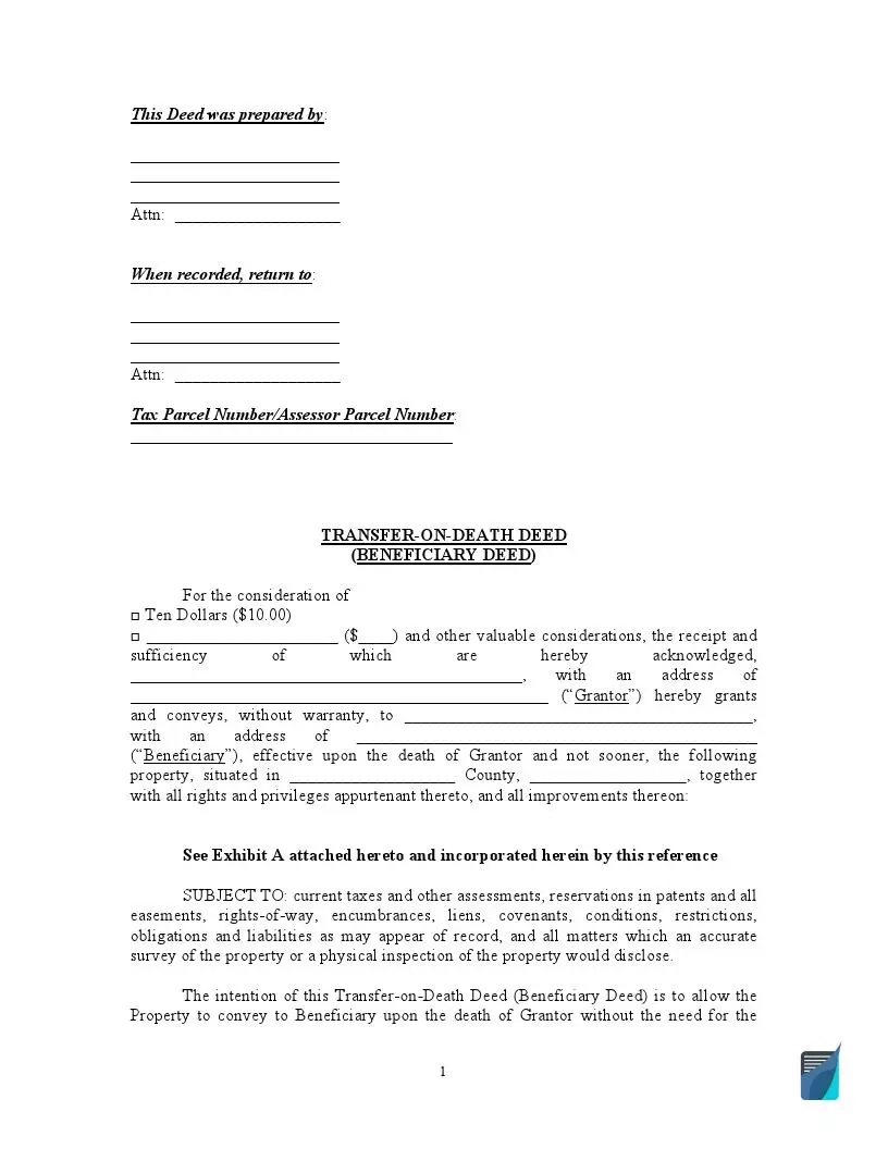 Free Transfer On Death (Tod) Deed Form [Pdf Template] with Free Printable Transfer on Death Deed Form